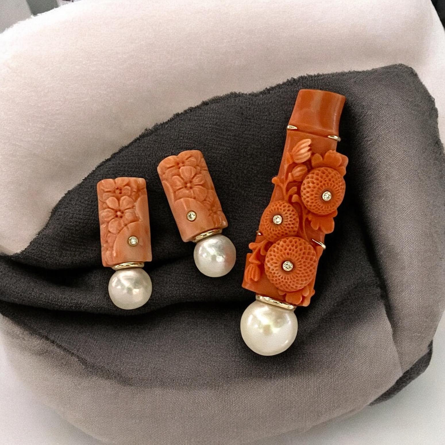 Women's Michael Kneebone Carved Coral Diamond South Seas Pearl Earring Brooch Suite For Sale