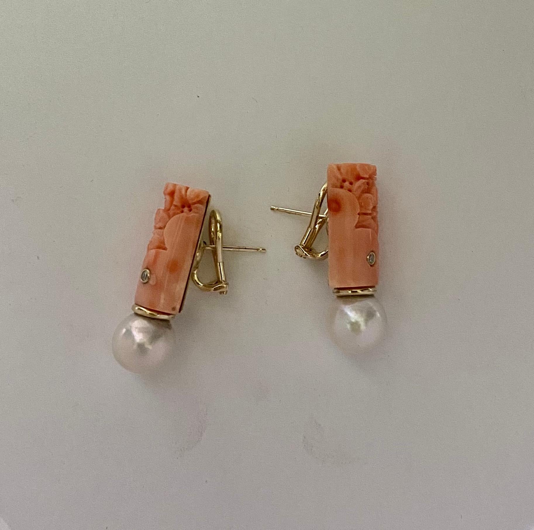 Michael Kneebone Carved Coral Diamond South Seas Pearl Earring Brooch Suite For Sale 1