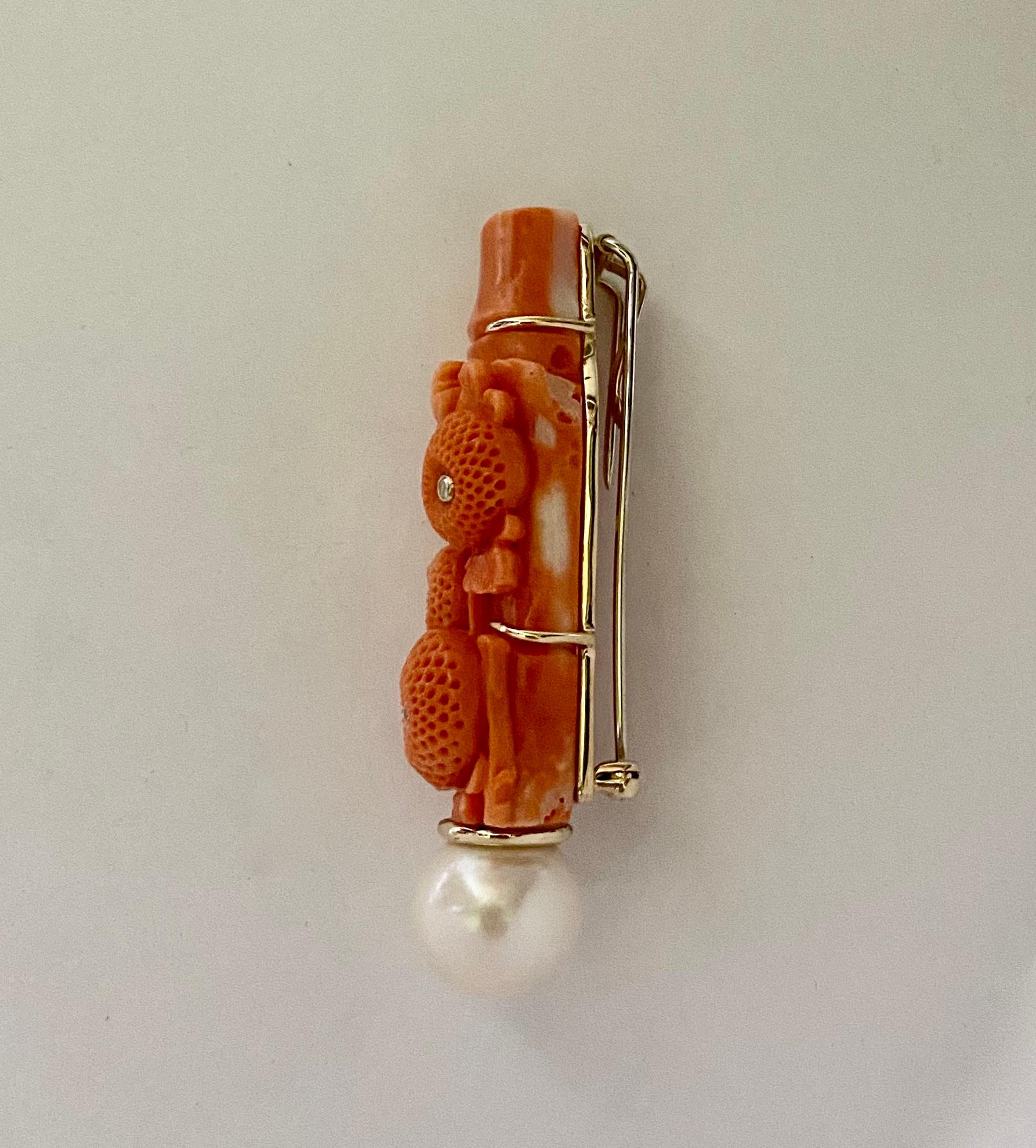 Michael Kneebone Carved Coral Diamond South Seas Pearl Earring Brooch Suite For Sale 2