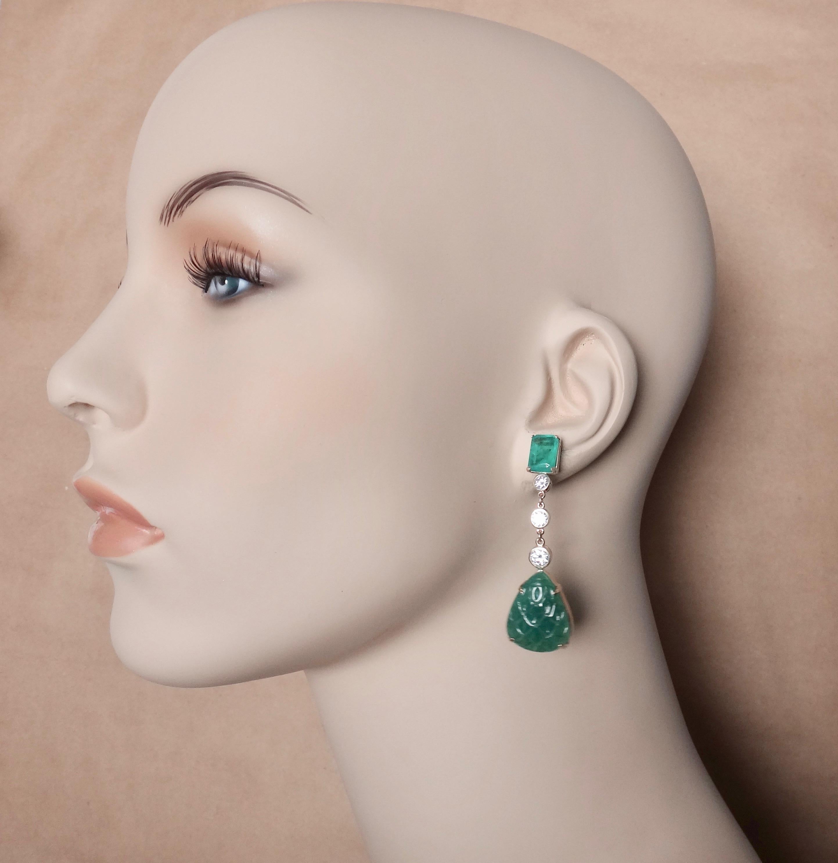 Michael Kneebone Carved Emerald and White Diamond Dangle Earrings For Sale 5