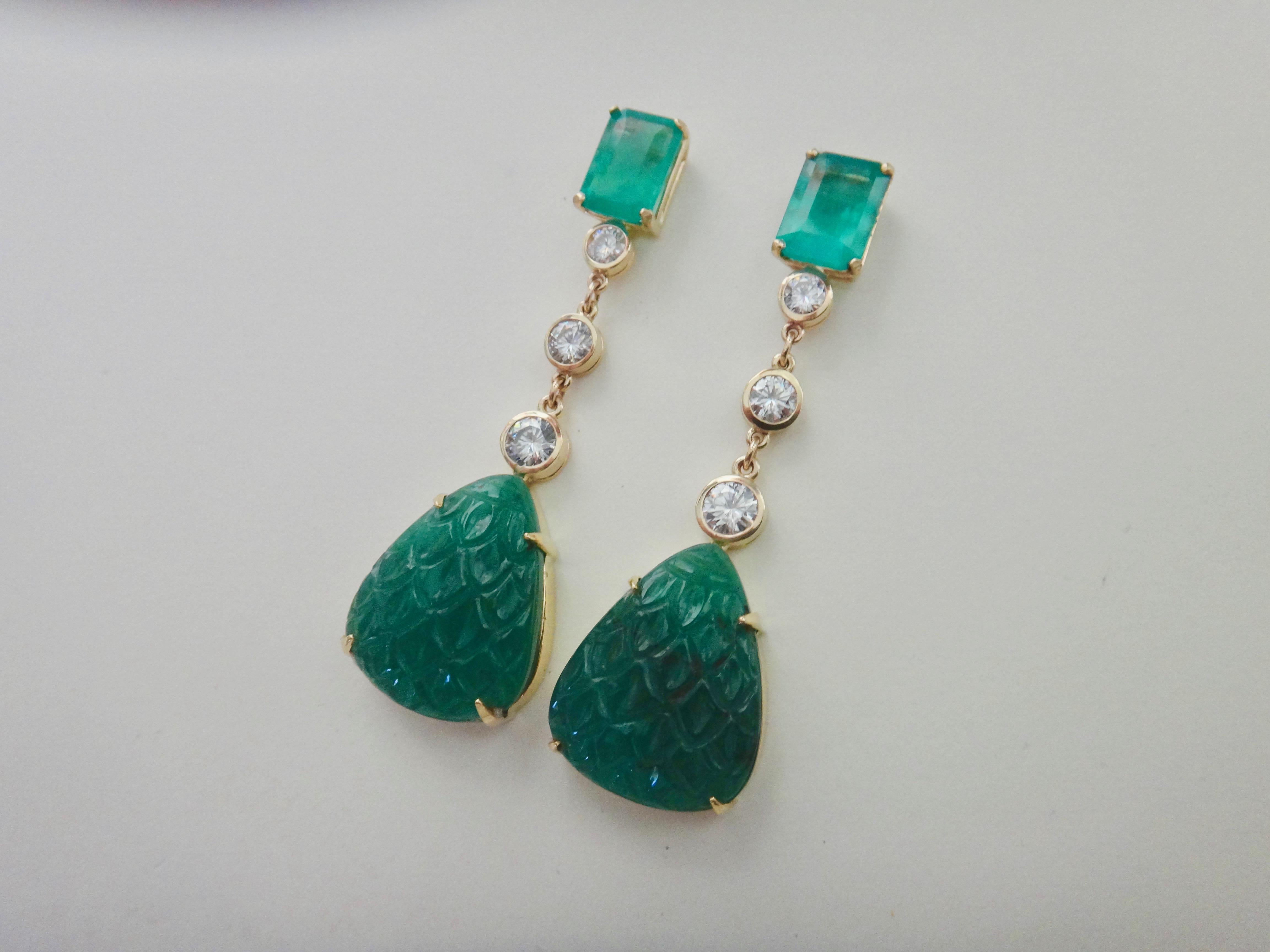 Mixed Cut Michael Kneebone Carved Emerald and White Diamond Dangle Earrings For Sale