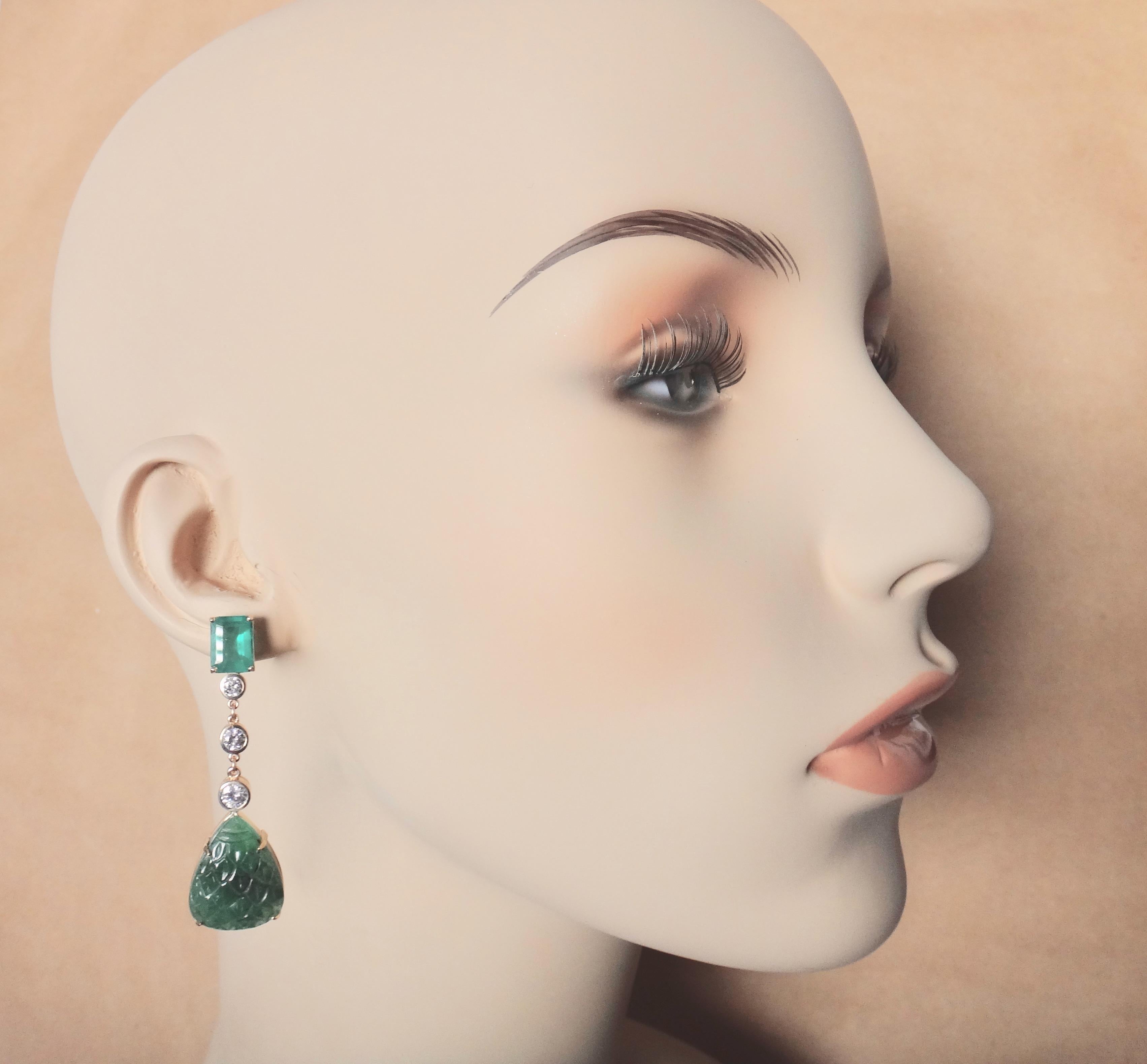 Michael Kneebone Carved Emerald and White Diamond Dangle Earrings In New Condition For Sale In Austin, TX