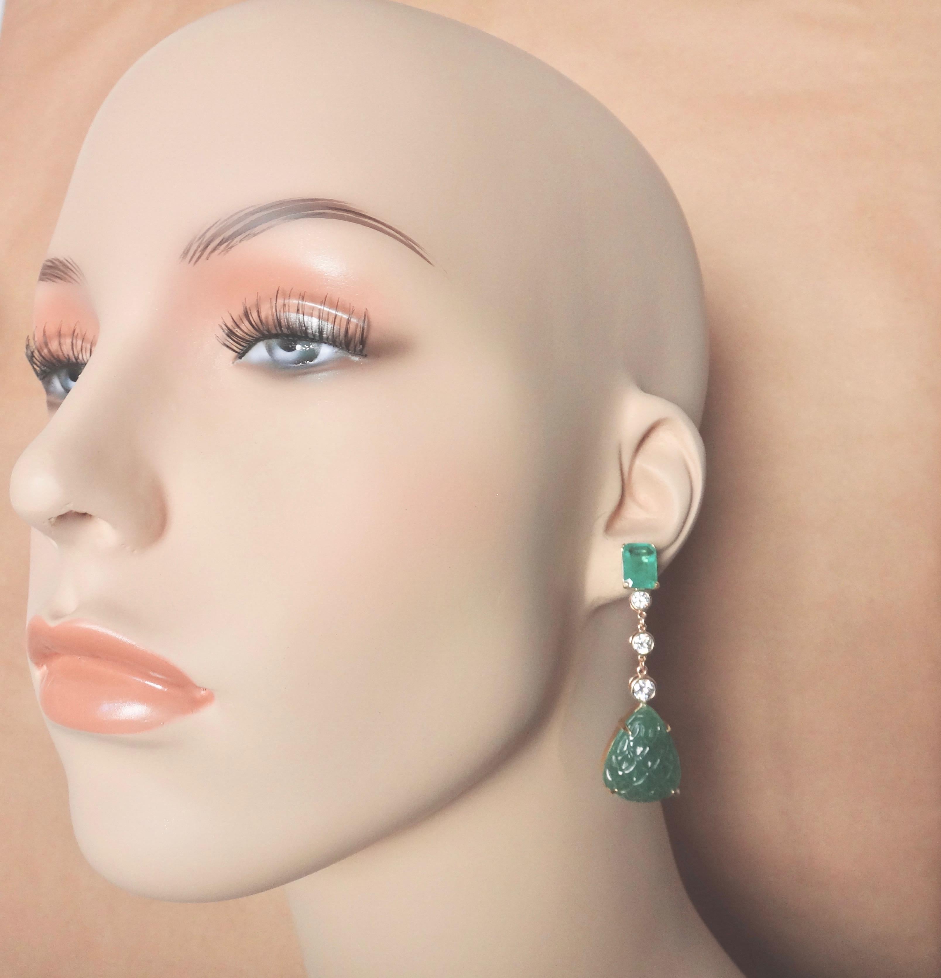 Michael Kneebone Carved Emerald and White Diamond Dangle Earrings For Sale 1