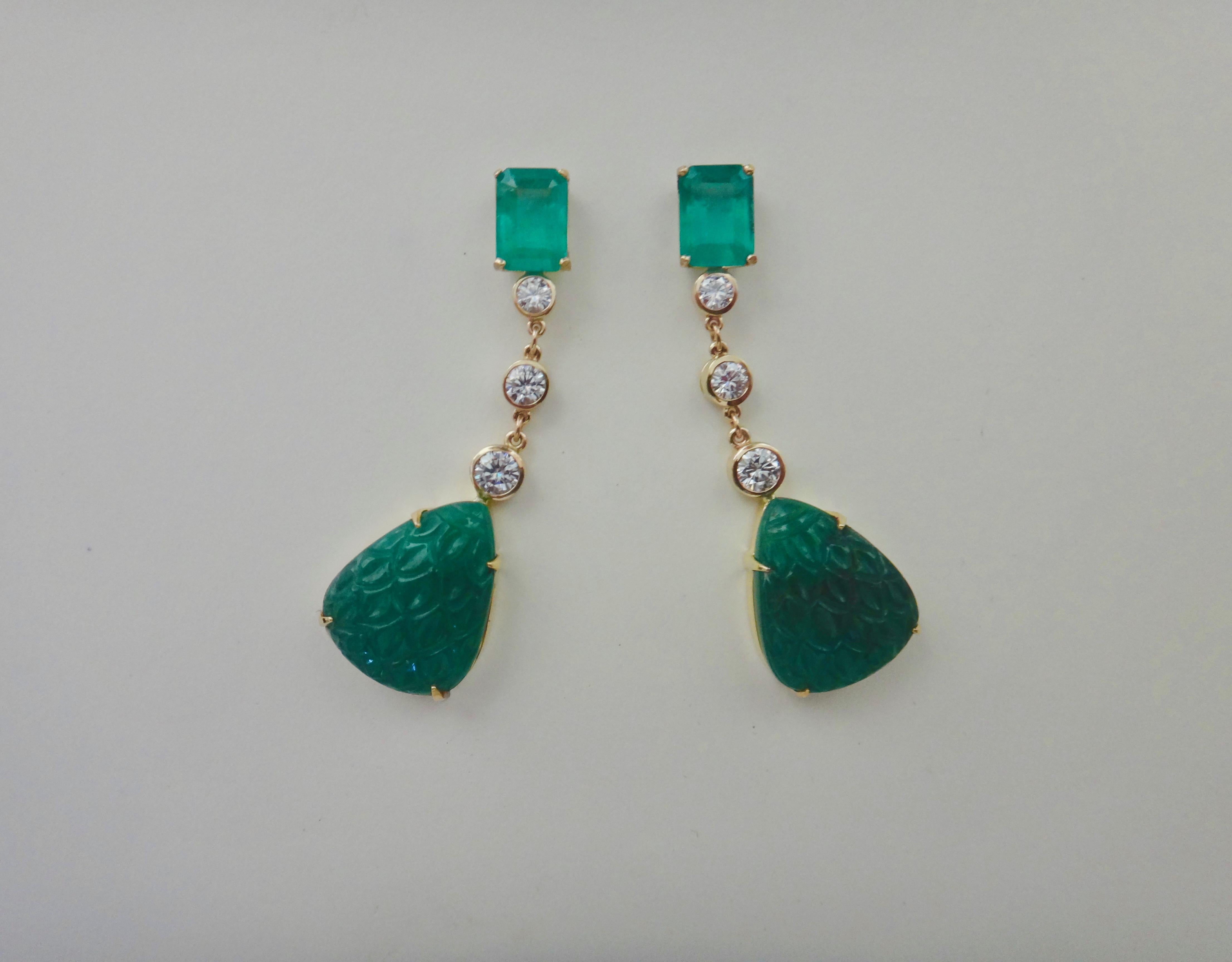 Michael Kneebone Carved Emerald and White Diamond Dangle Earrings For Sale 2