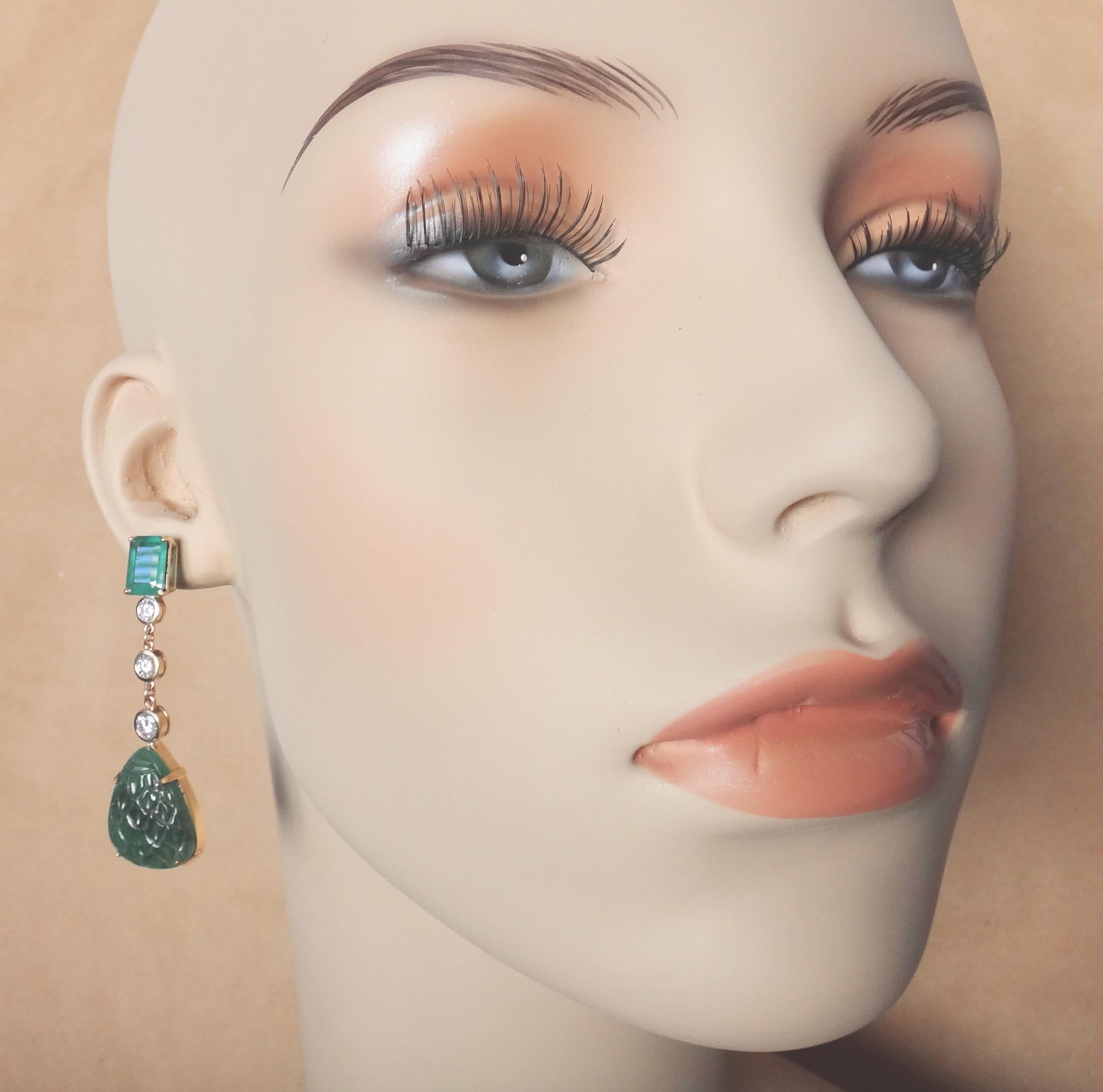 Michael Kneebone Carved Emerald and White Diamond Dangle Earrings For Sale 3