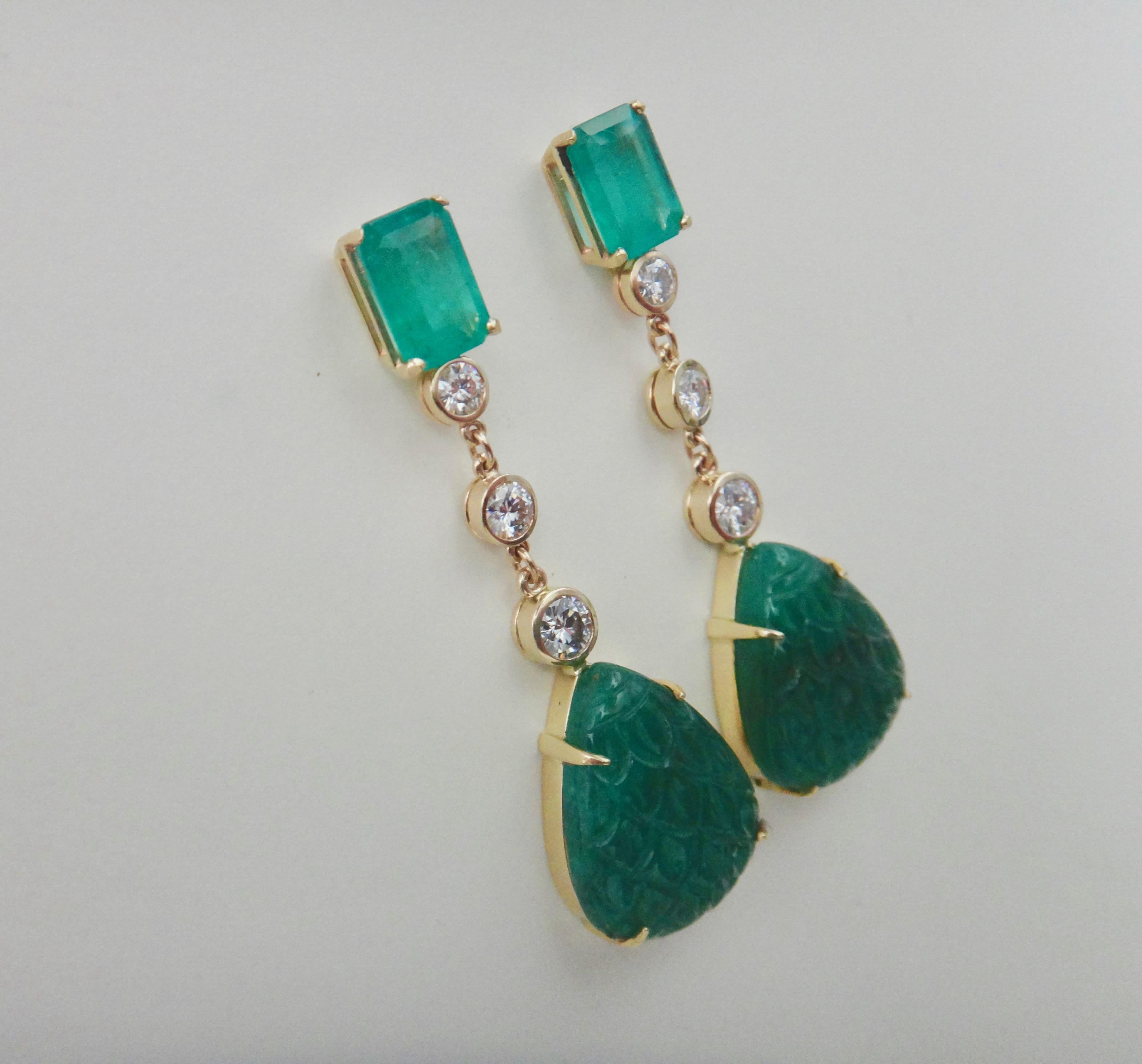 Michael Kneebone Carved Emerald and White Diamond Dangle Earrings For Sale 4