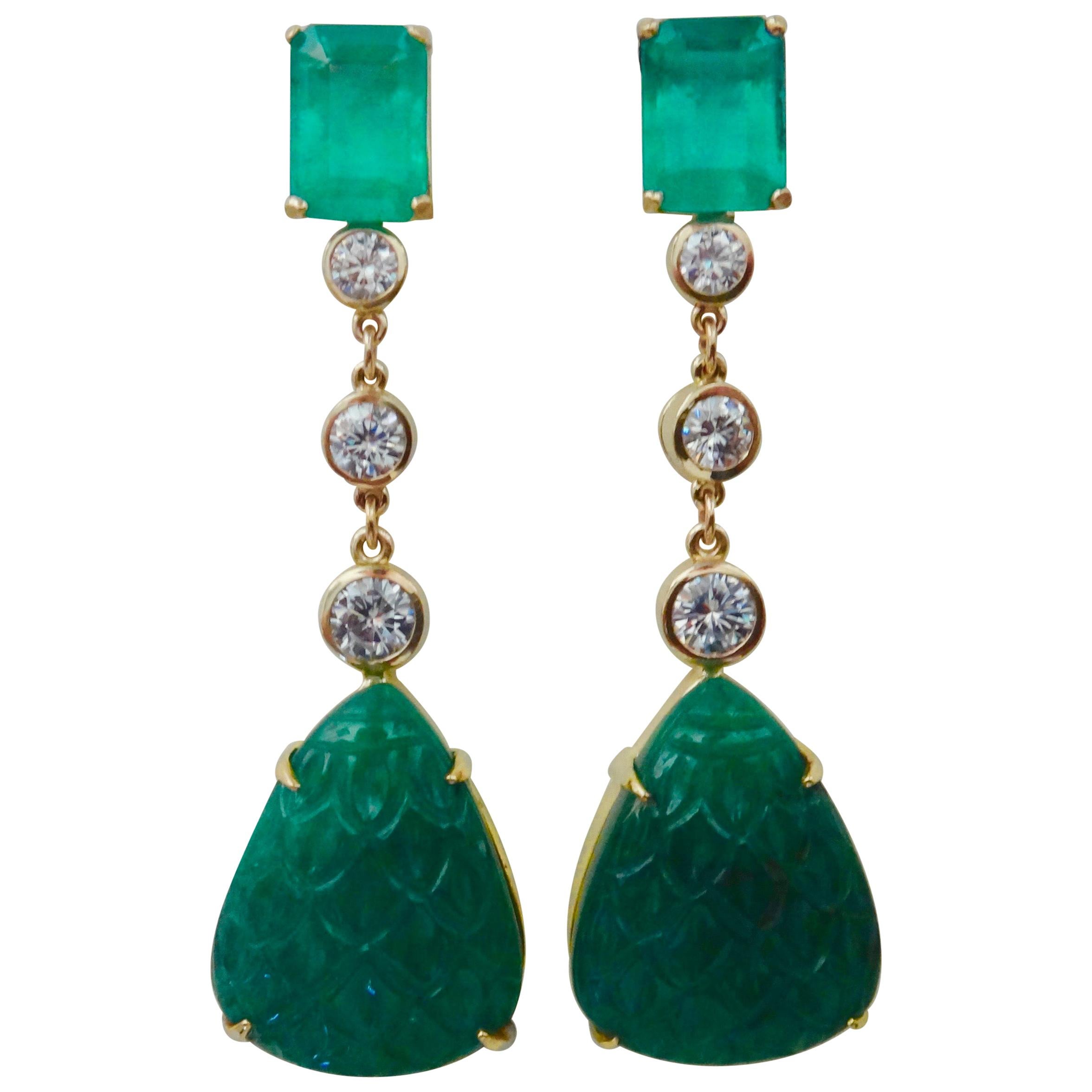 Michael Kneebone Carved Emerald and White Diamond Dangle Earrings