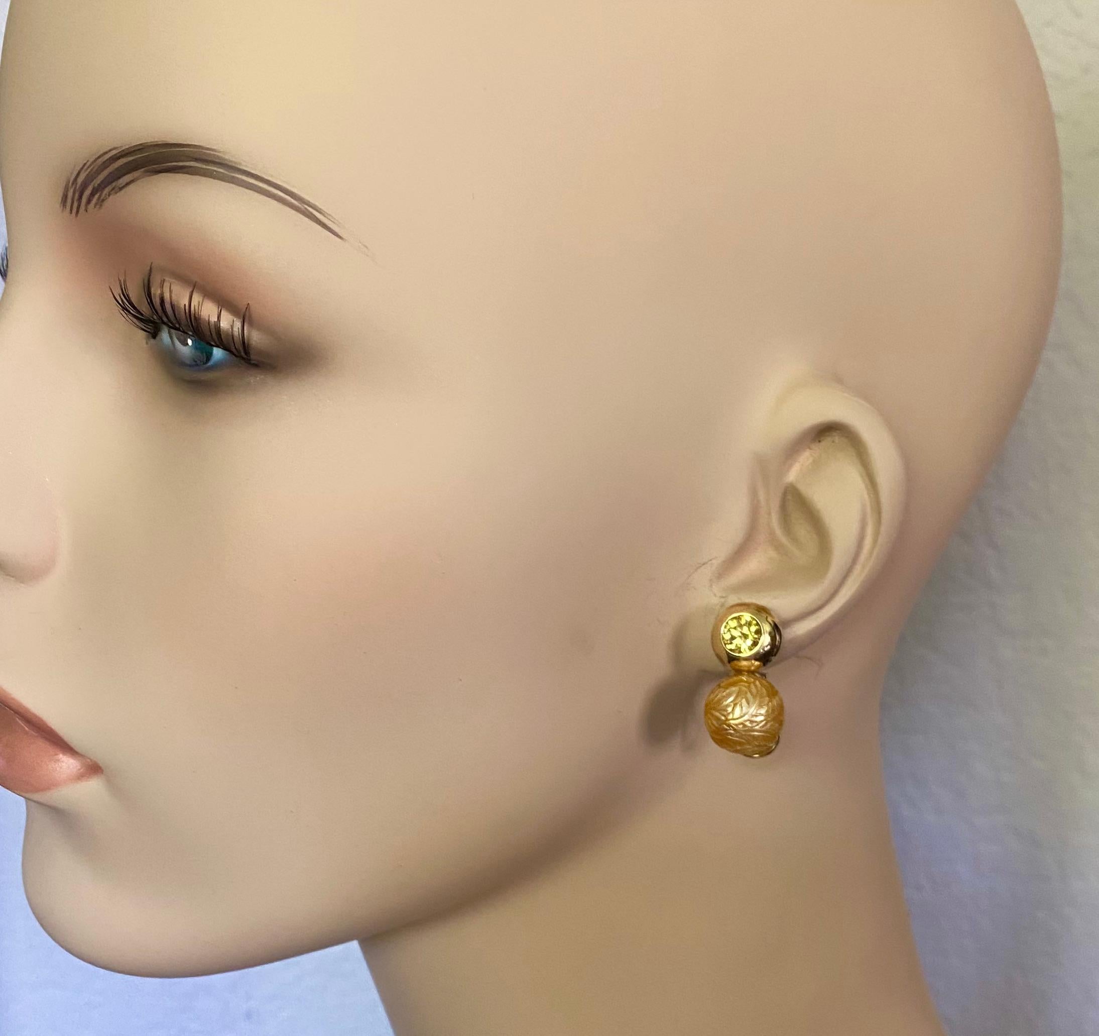 Michael Kneebone Carved Golden South Seas Pearl Yellow Sapphire Drop Earrings For Sale 4