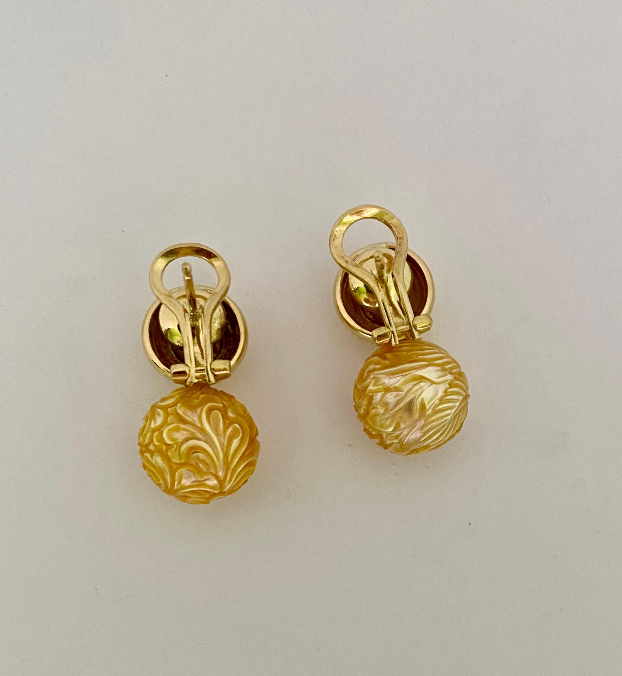 Michael Kneebone Carved Golden South Seas Pearl Yellow Sapphire Drop Earrings For Sale 5