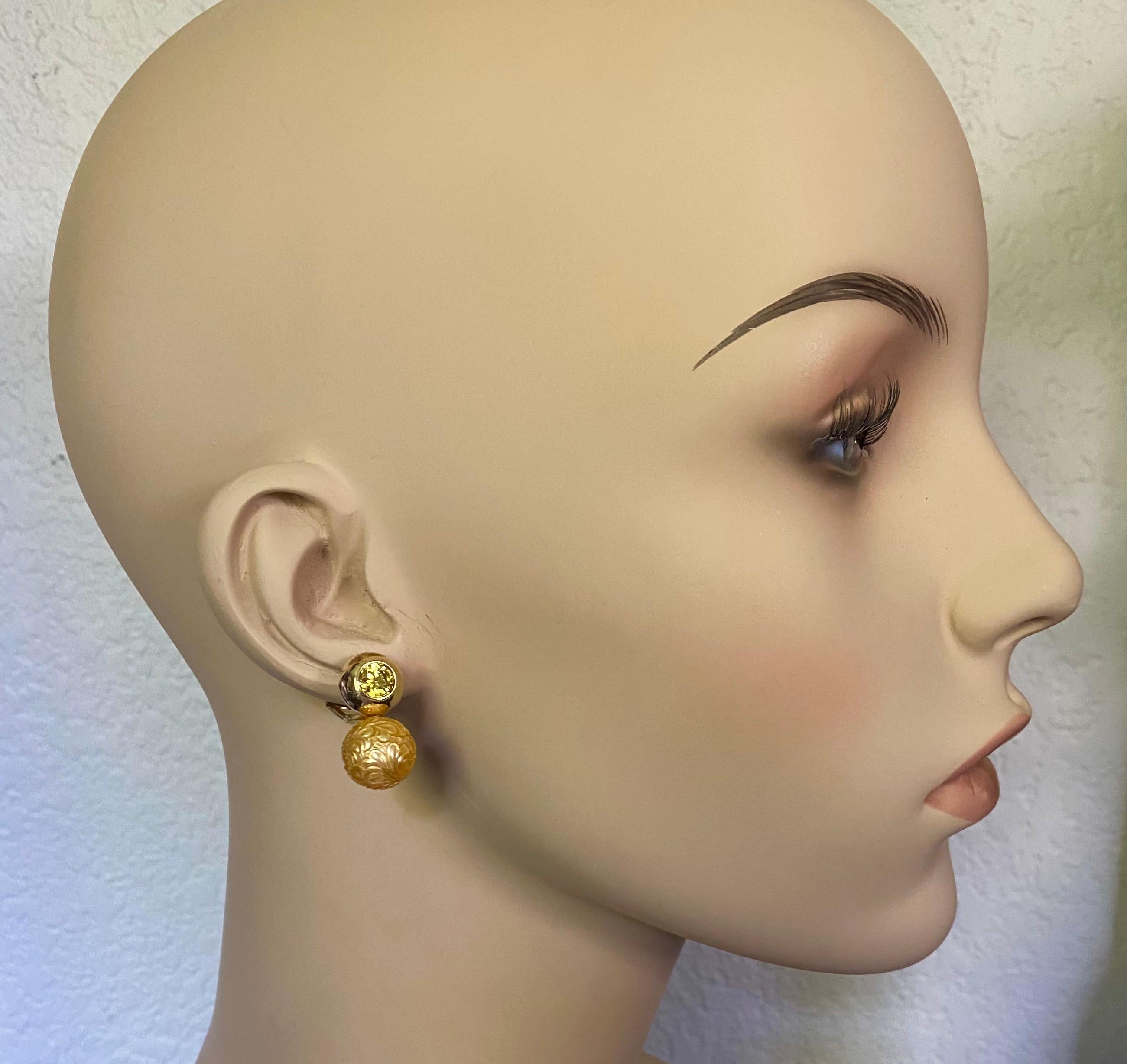 Contemporary Michael Kneebone Carved Golden South Seas Pearl Yellow Sapphire Drop Earrings For Sale