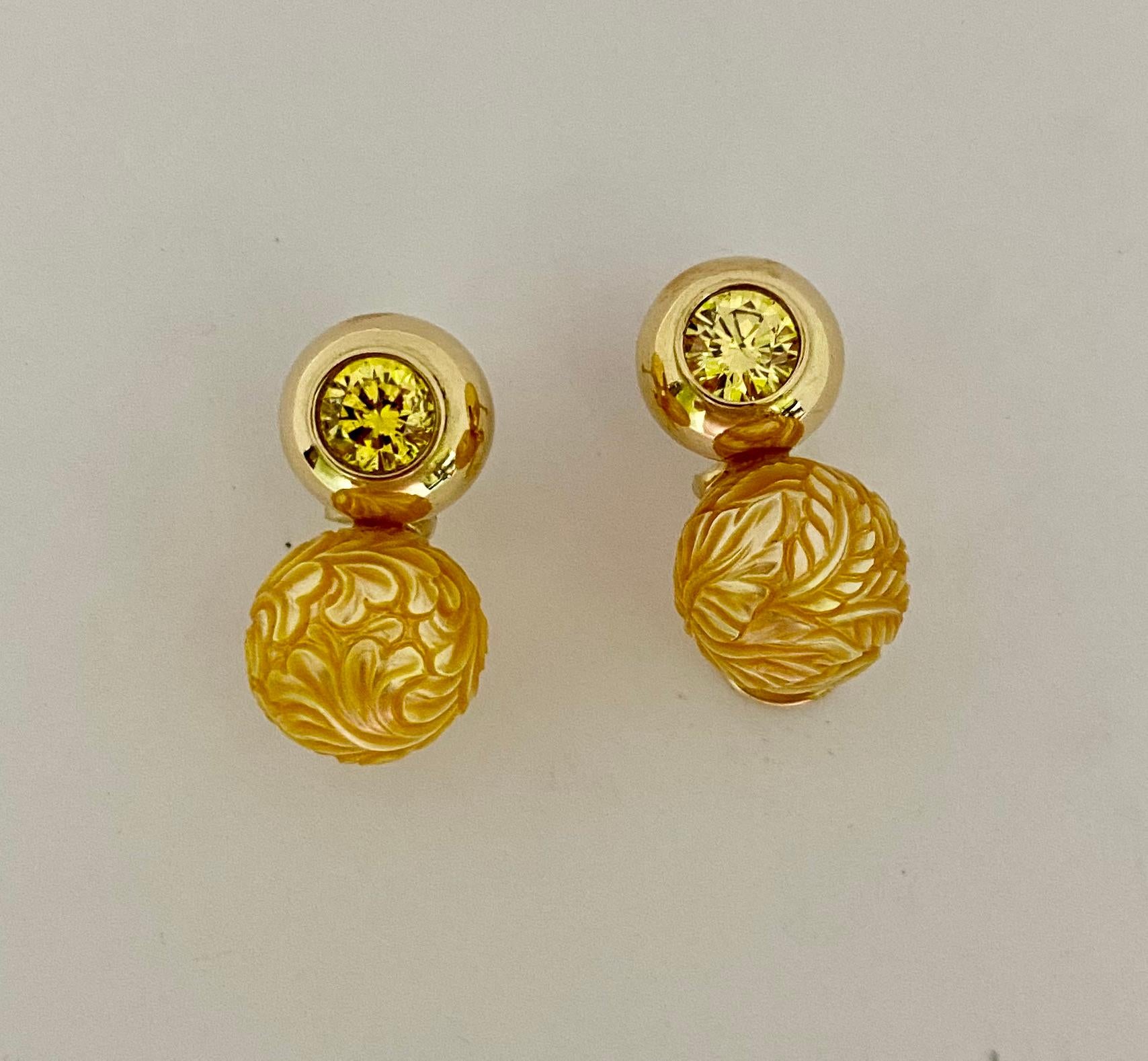 Women's Michael Kneebone Carved Golden South Seas Pearl Yellow Sapphire Drop Earrings For Sale