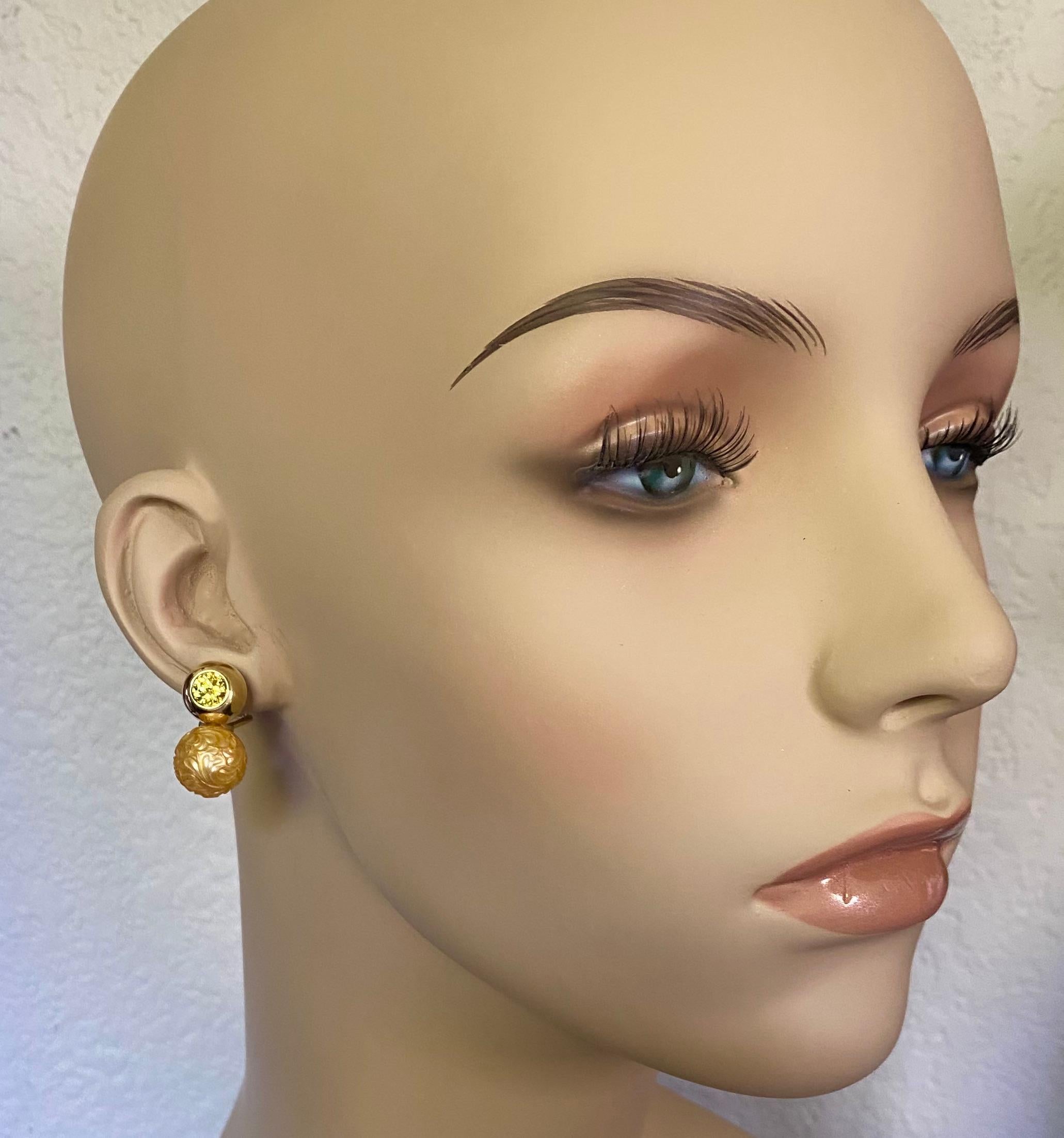 Michael Kneebone Carved Golden South Seas Pearl Yellow Sapphire Drop Earrings For Sale 1
