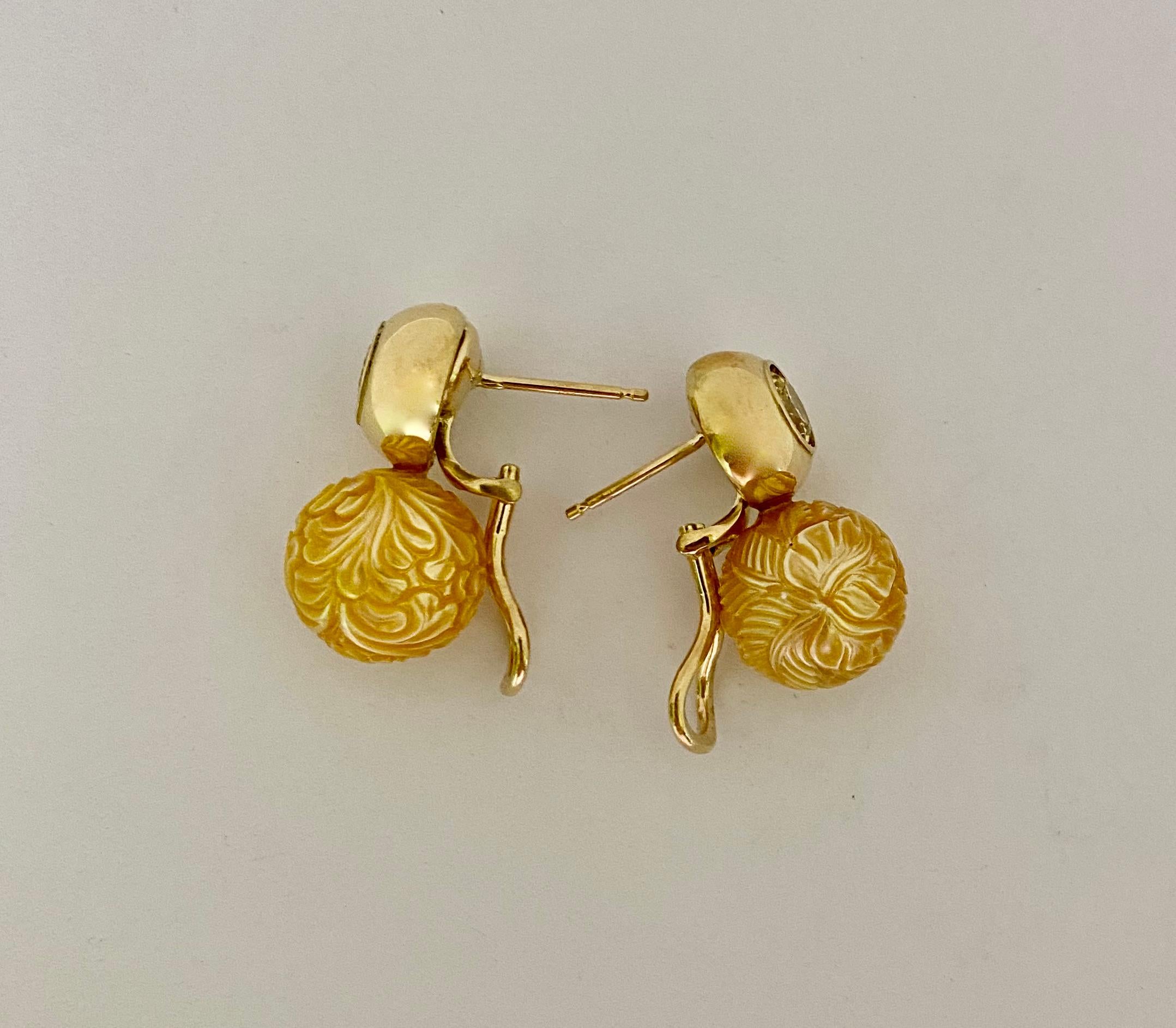 Michael Kneebone Carved Golden South Seas Pearl Yellow Sapphire Drop Earrings For Sale 2