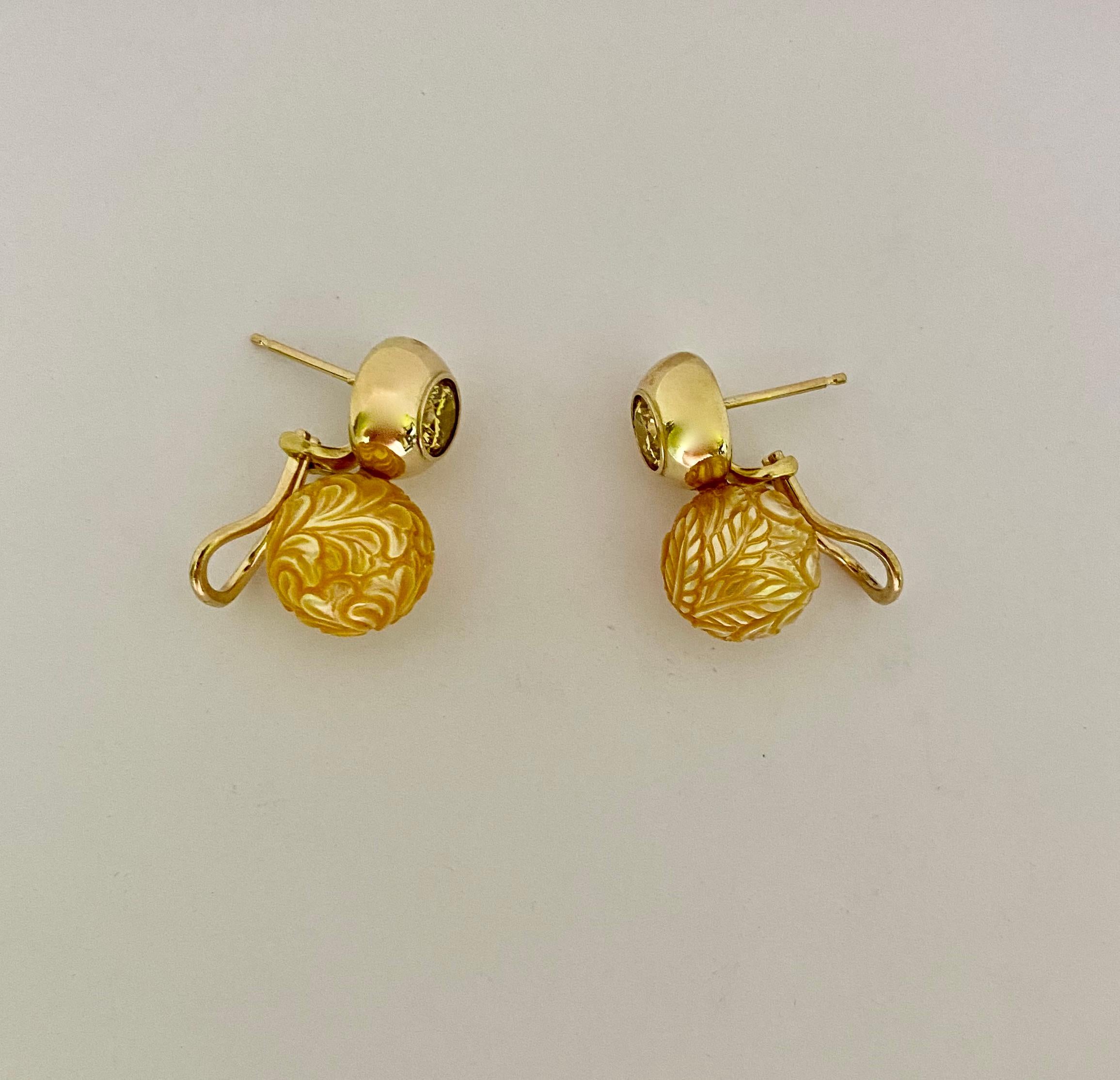 Michael Kneebone Carved Golden South Seas Pearl Yellow Sapphire Drop Earrings For Sale 3