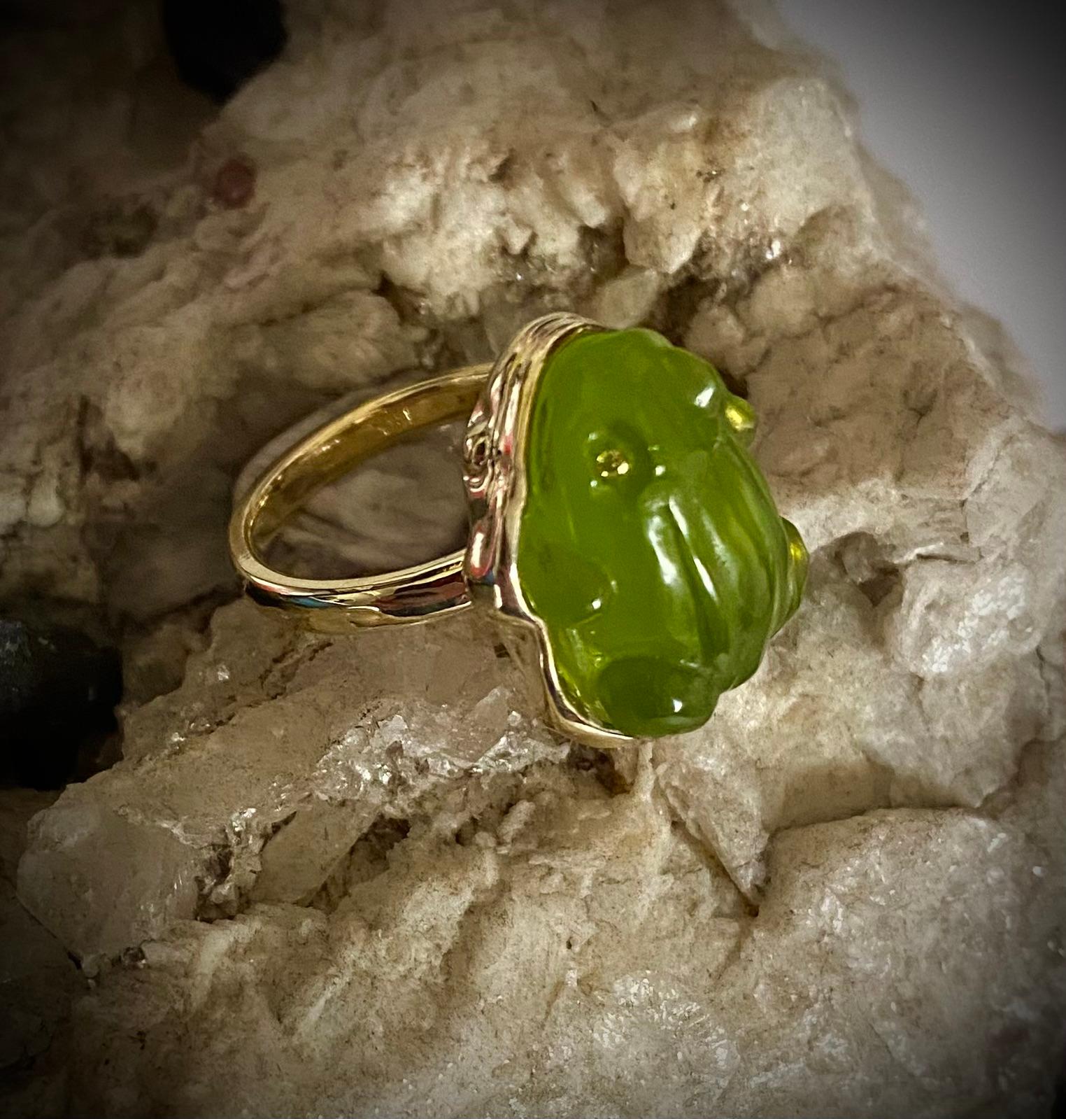 Contemporary Michael Kneebone Carved Green Chalcedony Diamond Frog Ring For Sale