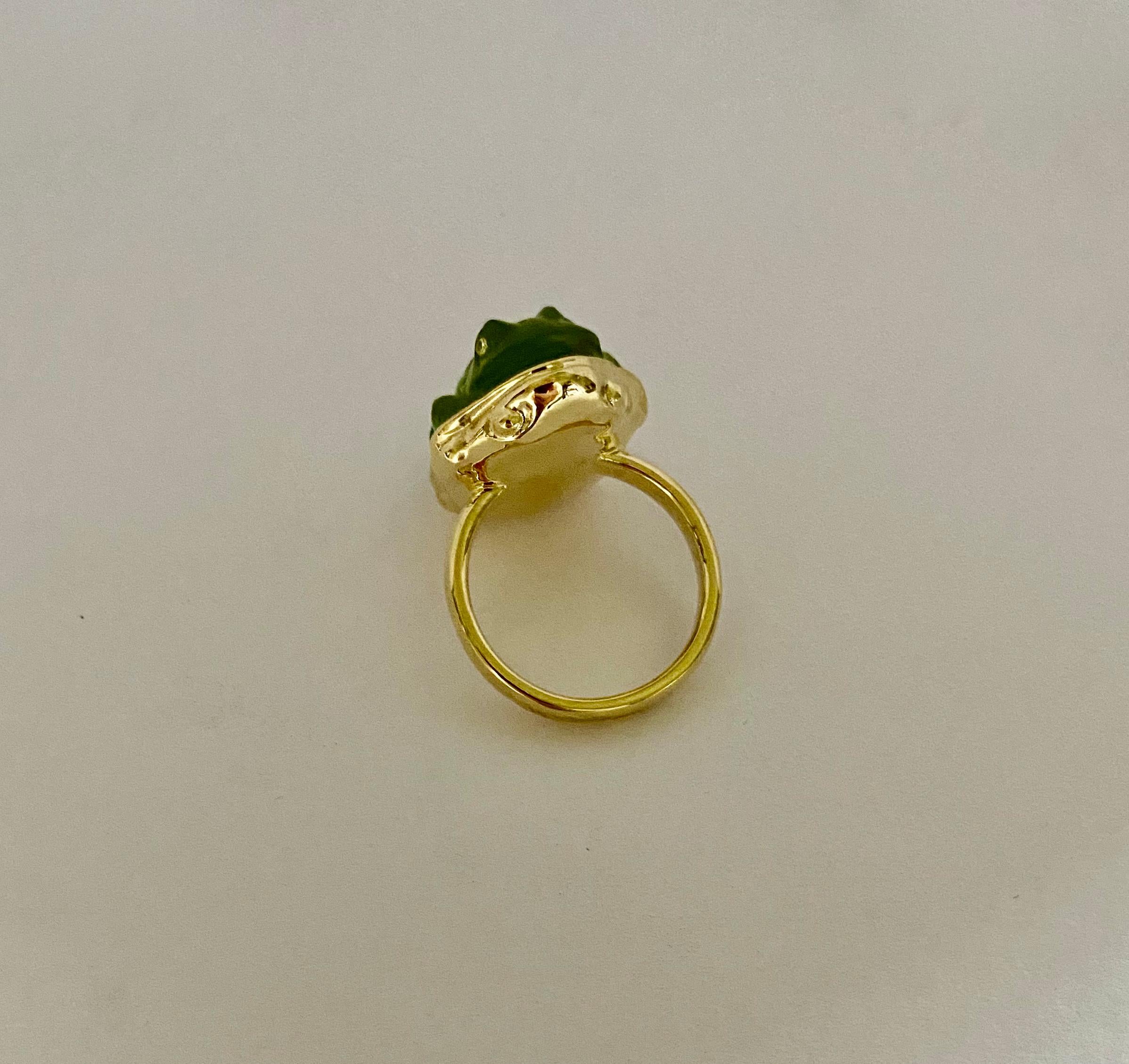 Women's or Men's Michael Kneebone Carved Green Chalcedony Diamond Frog Ring For Sale