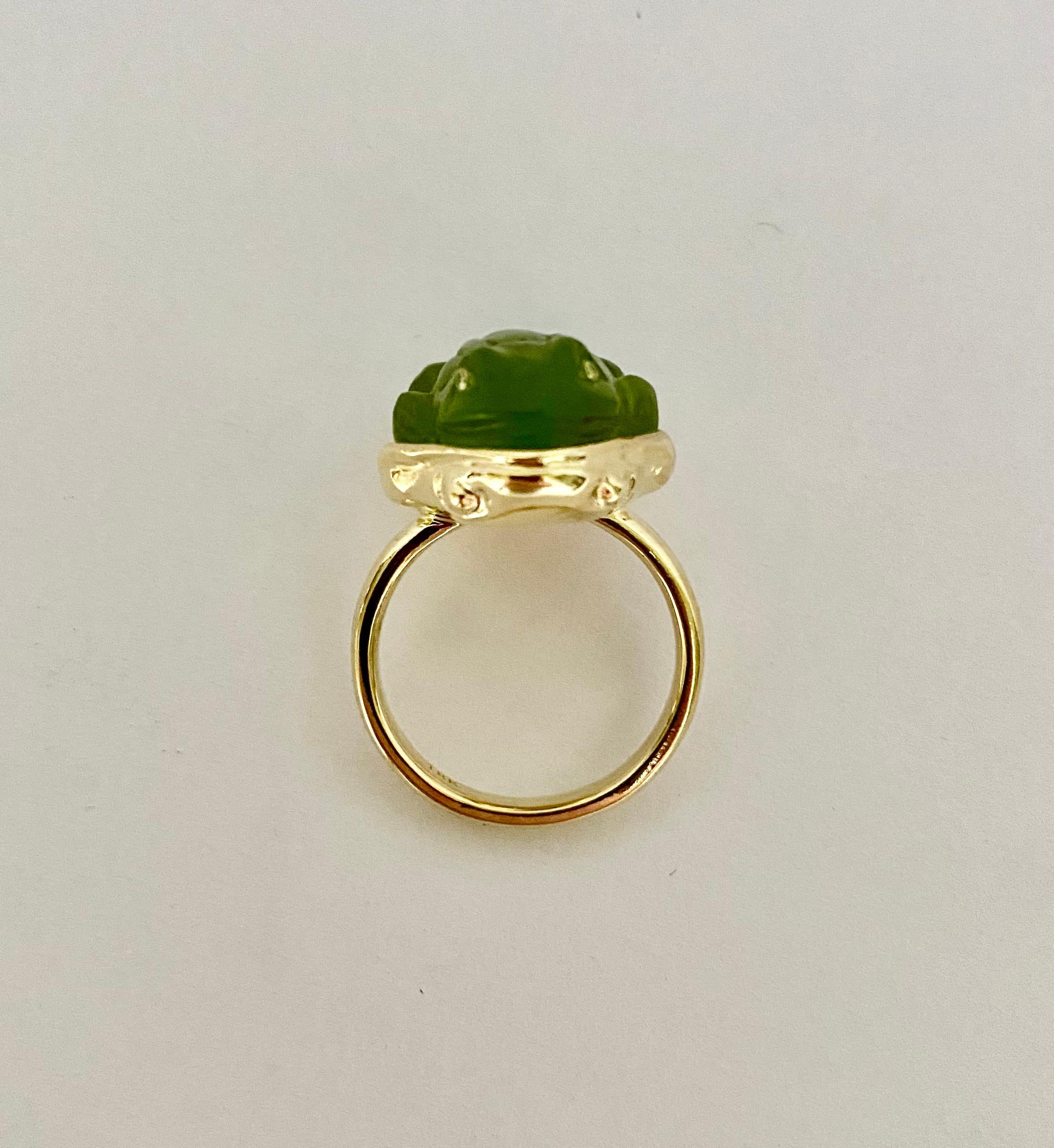 Michael Kneebone Carved Green Chalcedony Diamond Frog Ring For Sale 2