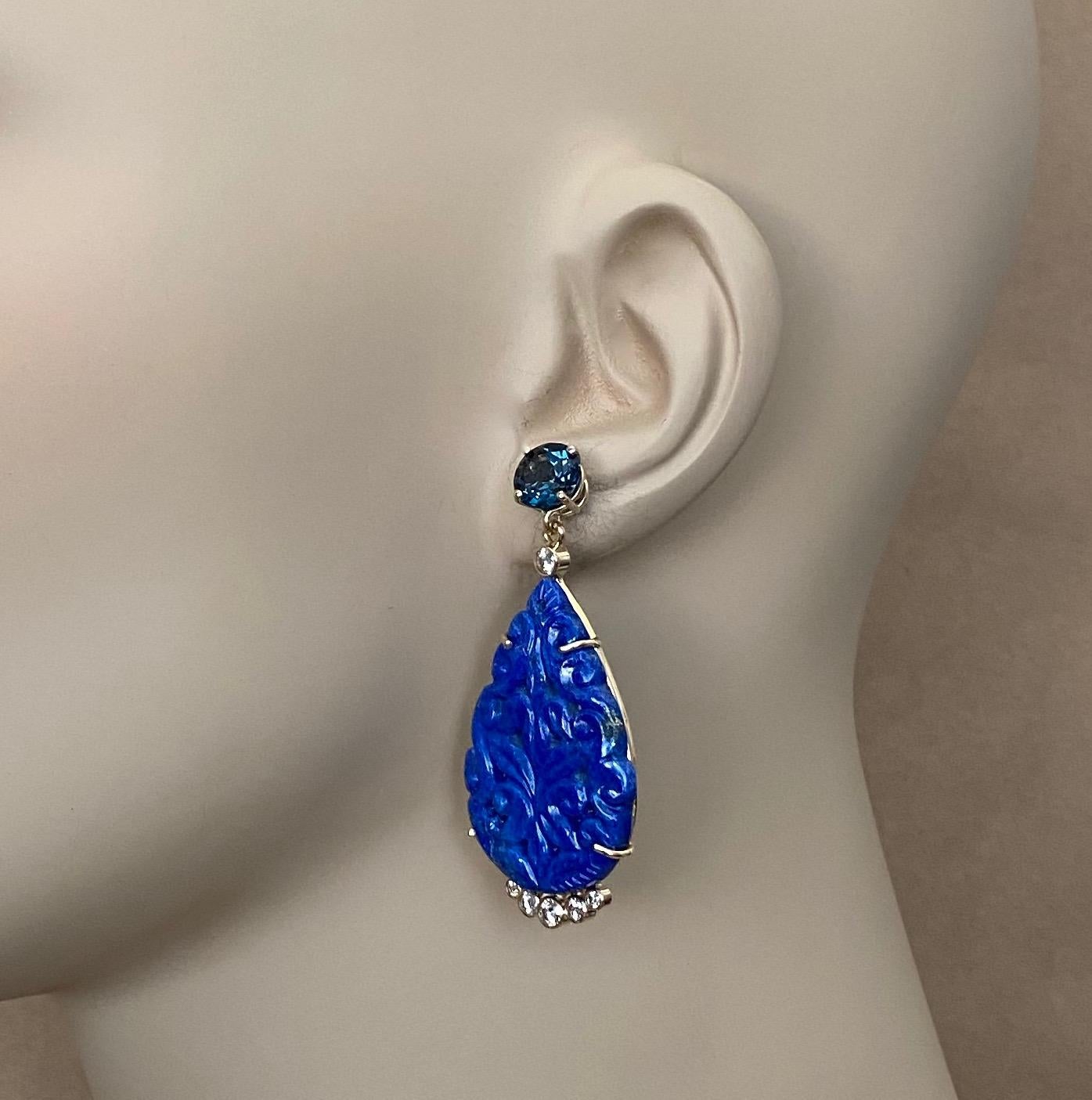 Michael Kneebone Carved Lapis Lazuli Blue Topaz Diamond Dangle Earrings 4