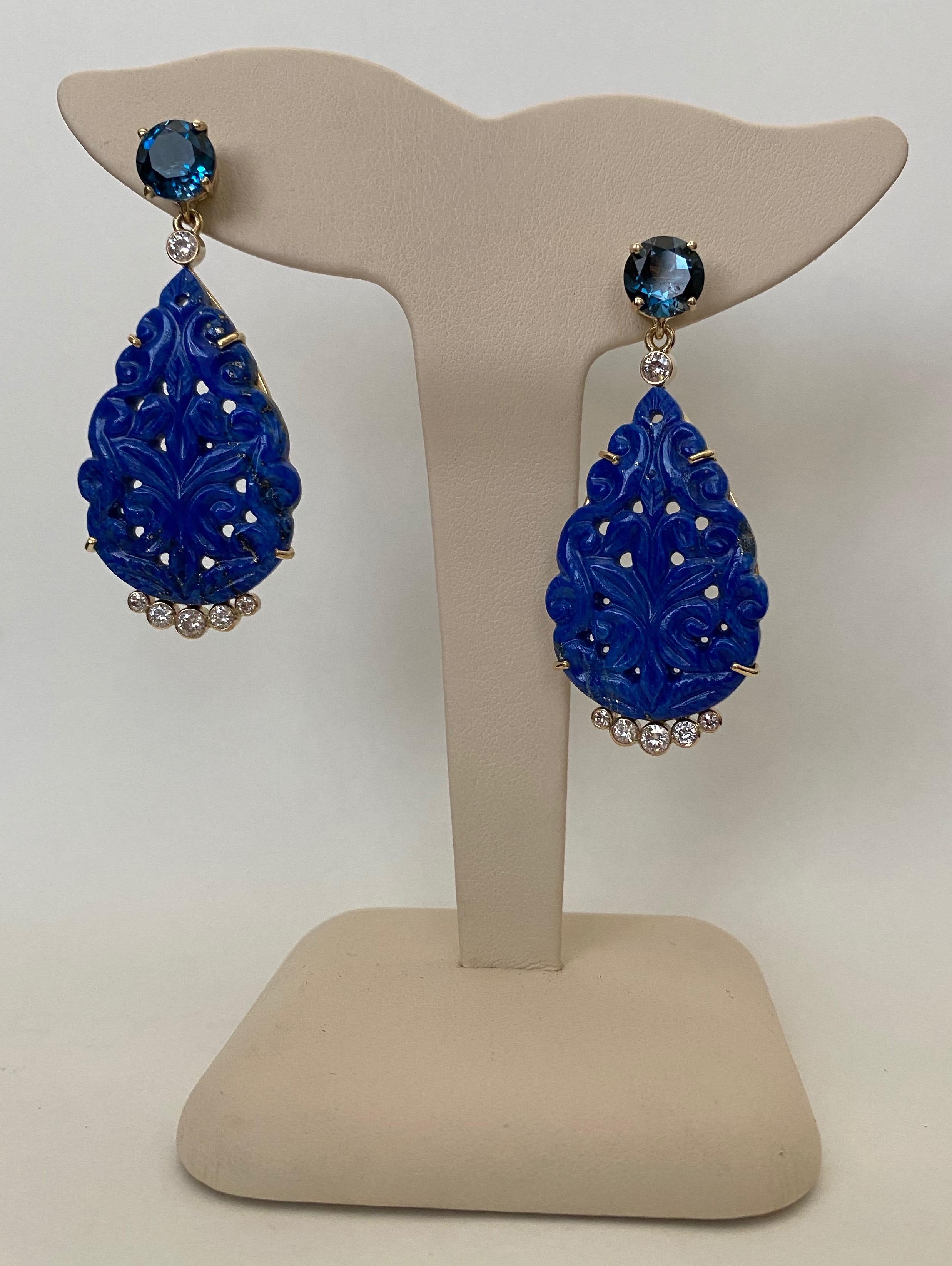 Michael Kneebone Carved Lapis Lazuli Blue Topaz Diamond Dangle Earrings 5