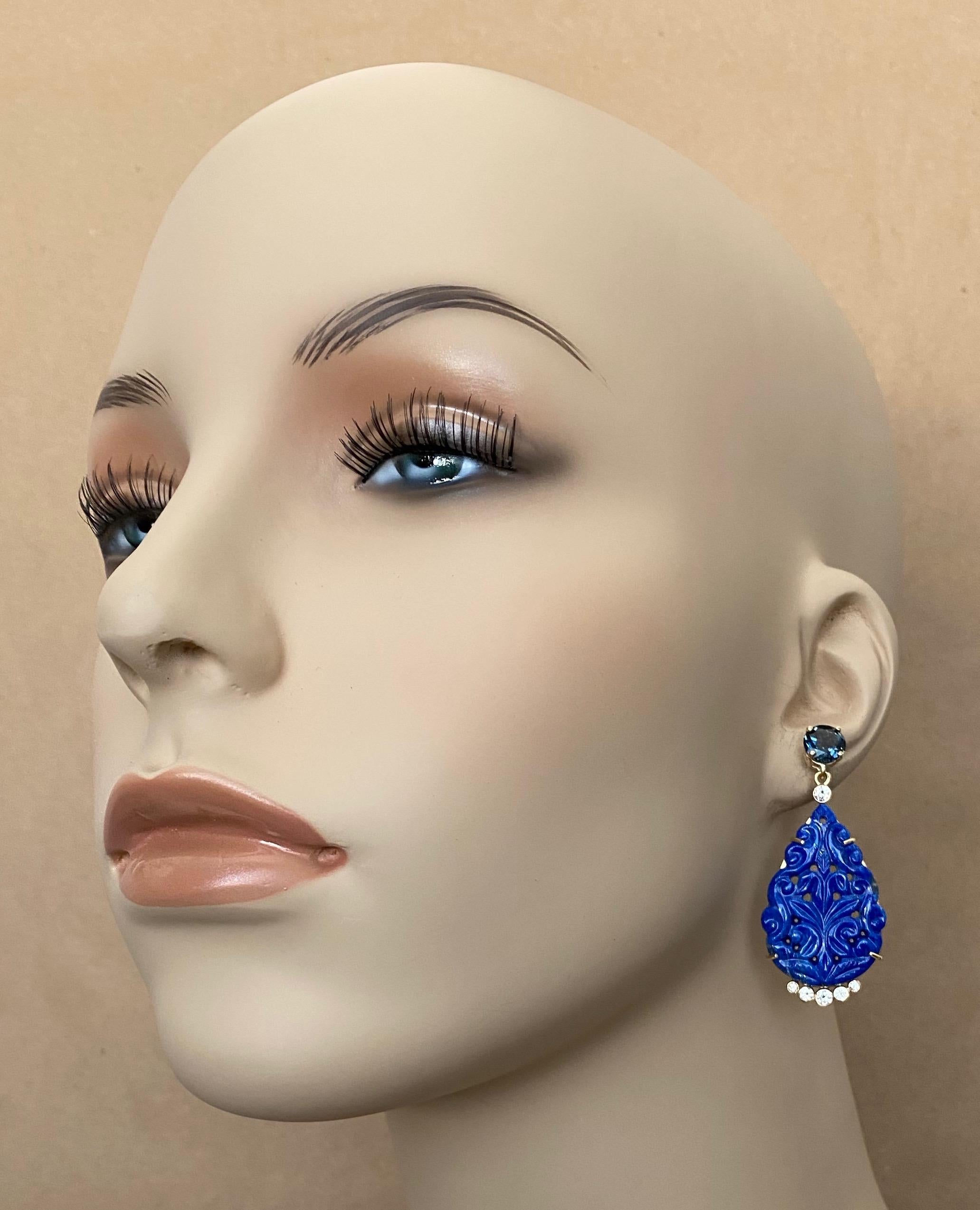 Mixed Cut Michael Kneebone Carved Lapis Lazuli Blue Topaz Diamond Dangle Earrings