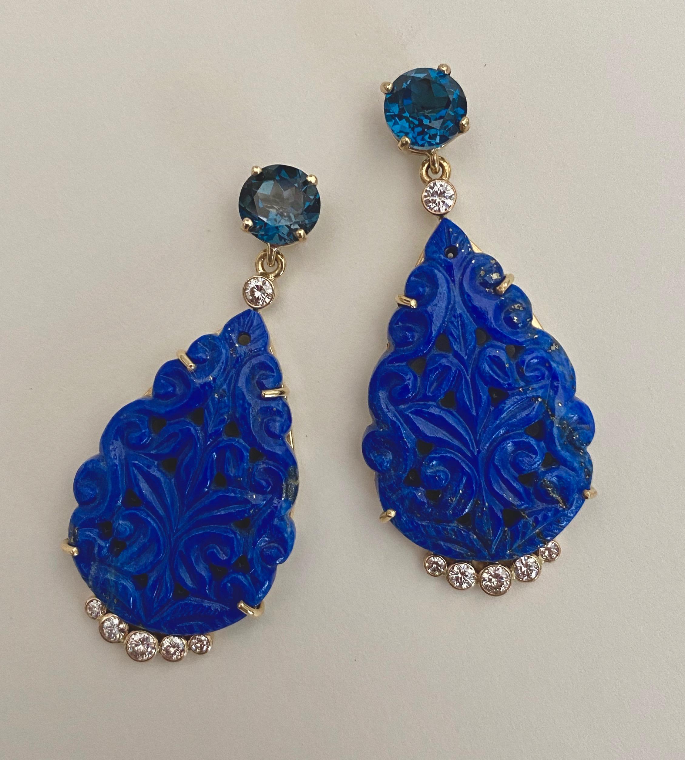 Michael Kneebone Carved Lapis Lazuli Blue Topaz Diamond Dangle Earrings In New Condition In Austin, TX
