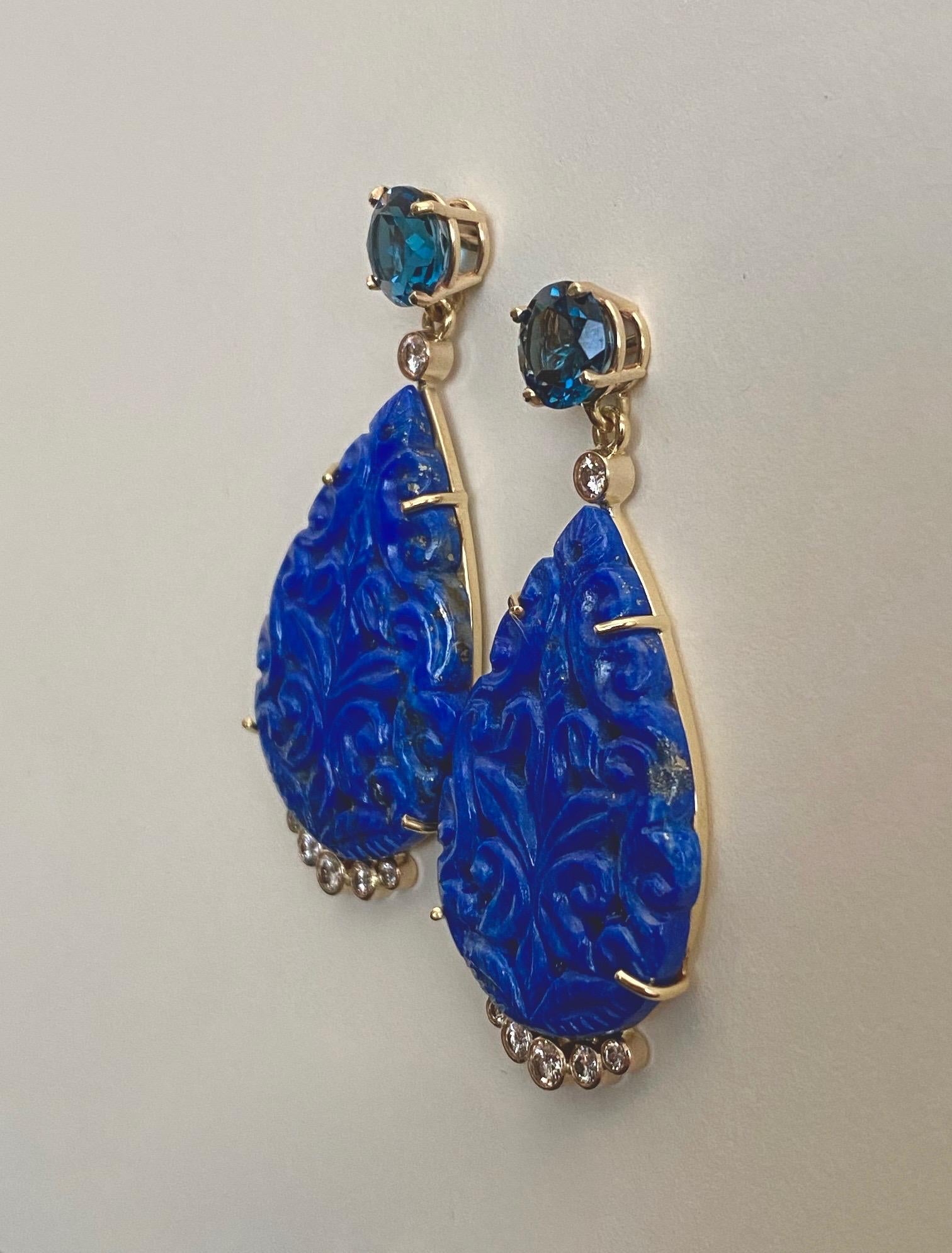 Michael Kneebone Carved Lapis Lazuli Blue Topaz Diamond Dangle Earrings 1