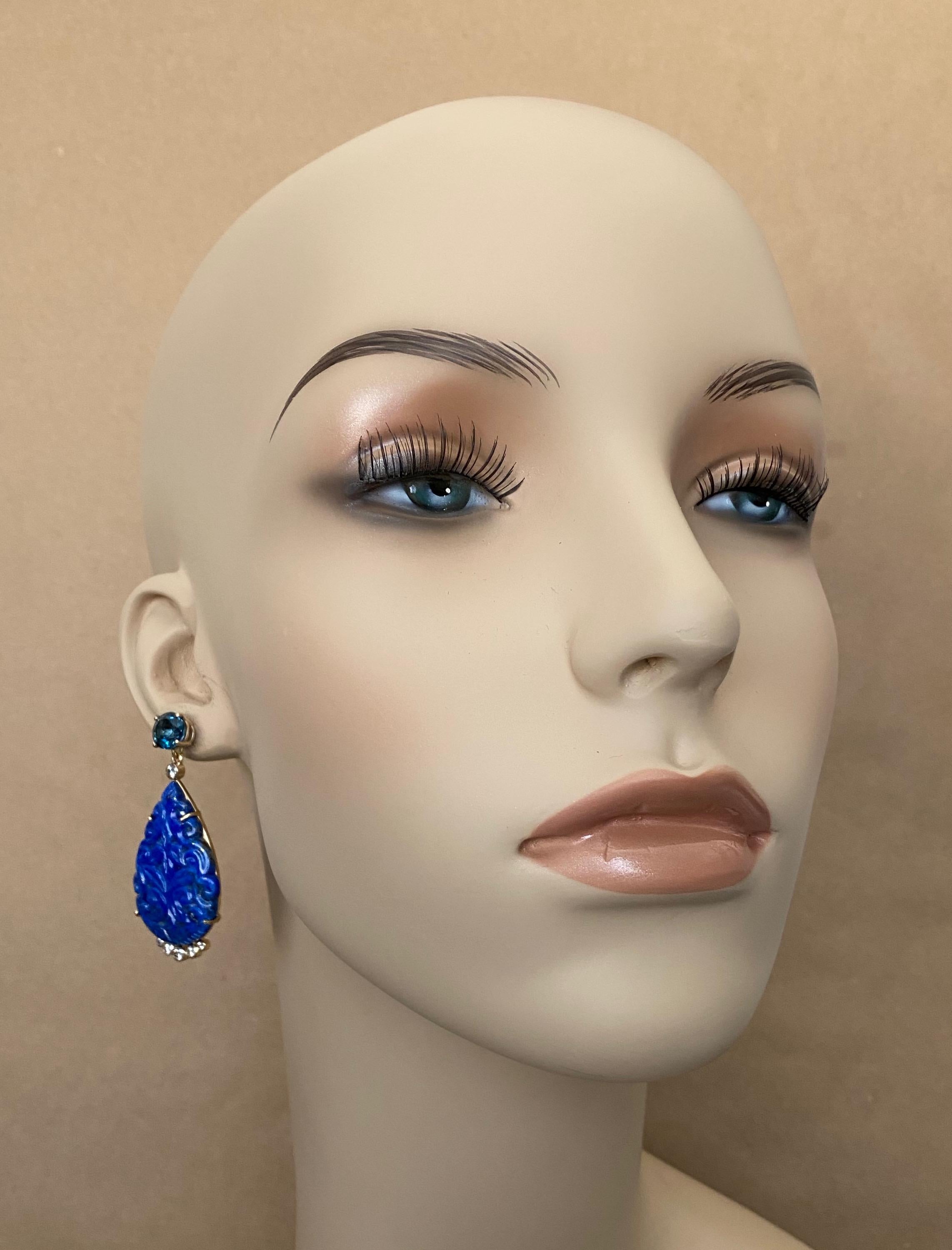 Michael Kneebone Carved Lapis Lazuli Blue Topaz Diamond Dangle Earrings 2
