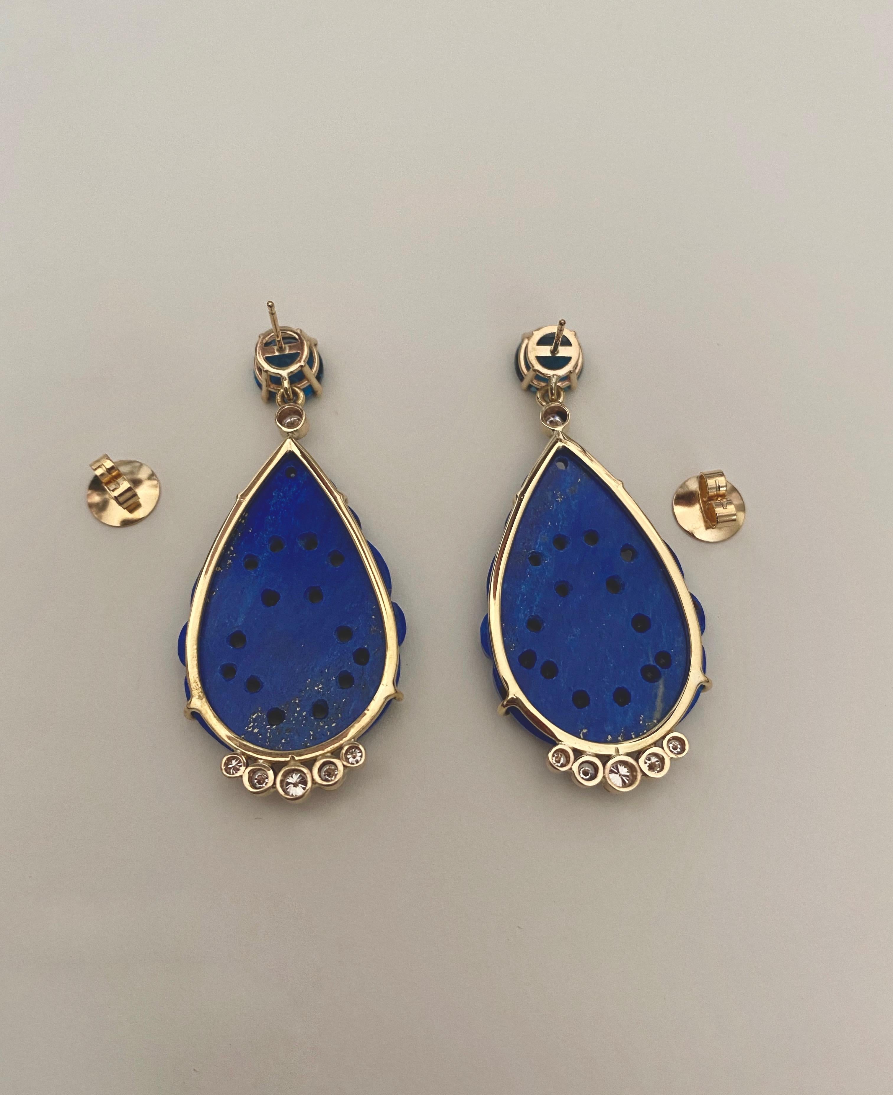 Michael Kneebone Carved Lapis Lazuli Blue Topaz Diamond Dangle Earrings 3
