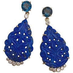 Michael Kneebone Carved Lapis Lazuli Blue Topaz Diamond Dangle Earrings