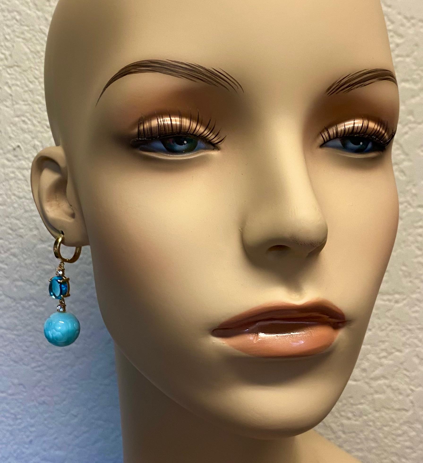 Mixed Cut Michael Kneebone Carved Larimar Blue Topaz Diamond Dangle Earrings For Sale