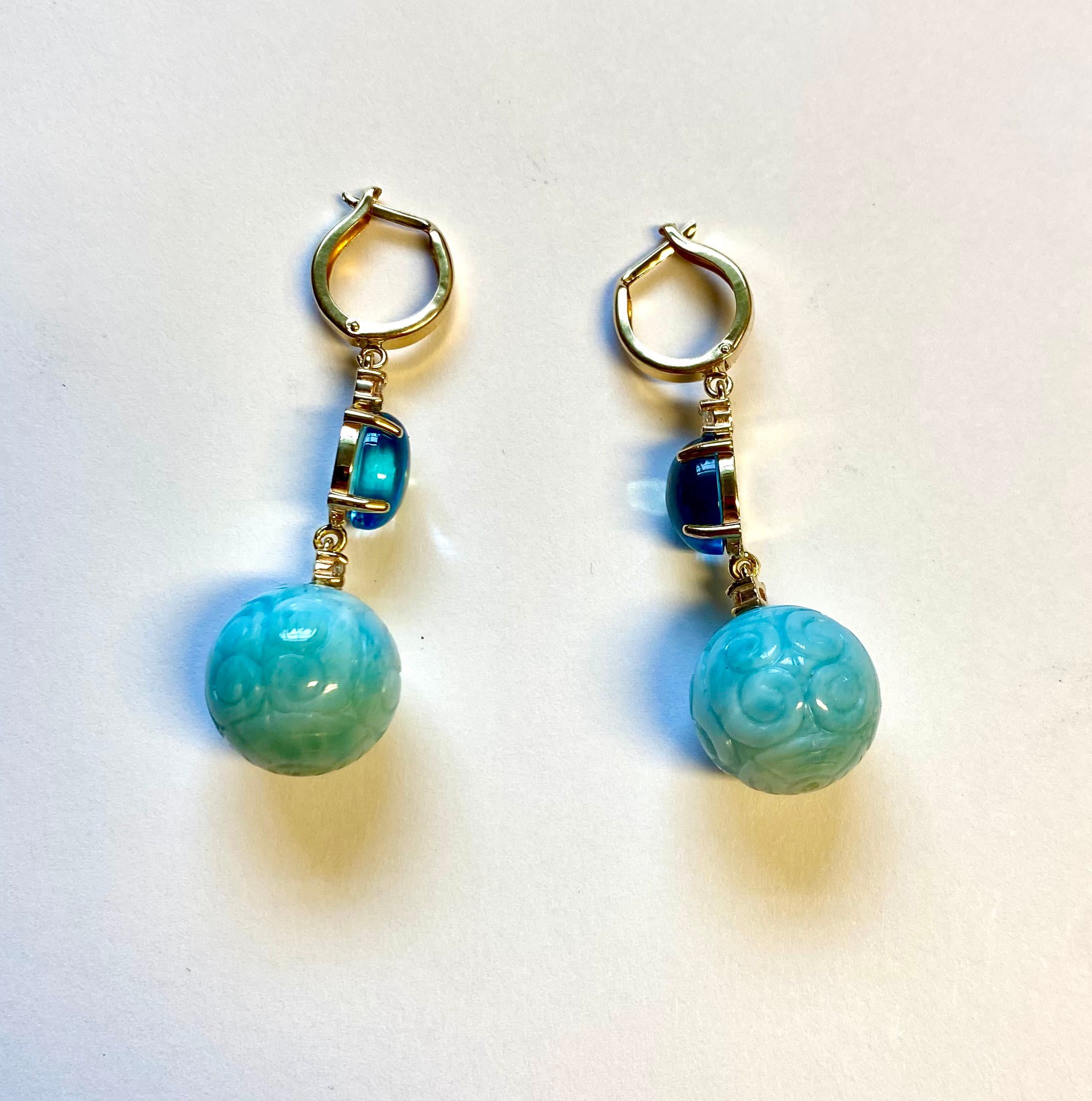 Michael Kneebone Carved Larimar Blue Topaz Diamond Dangle Earrings In New Condition For Sale In Austin, TX