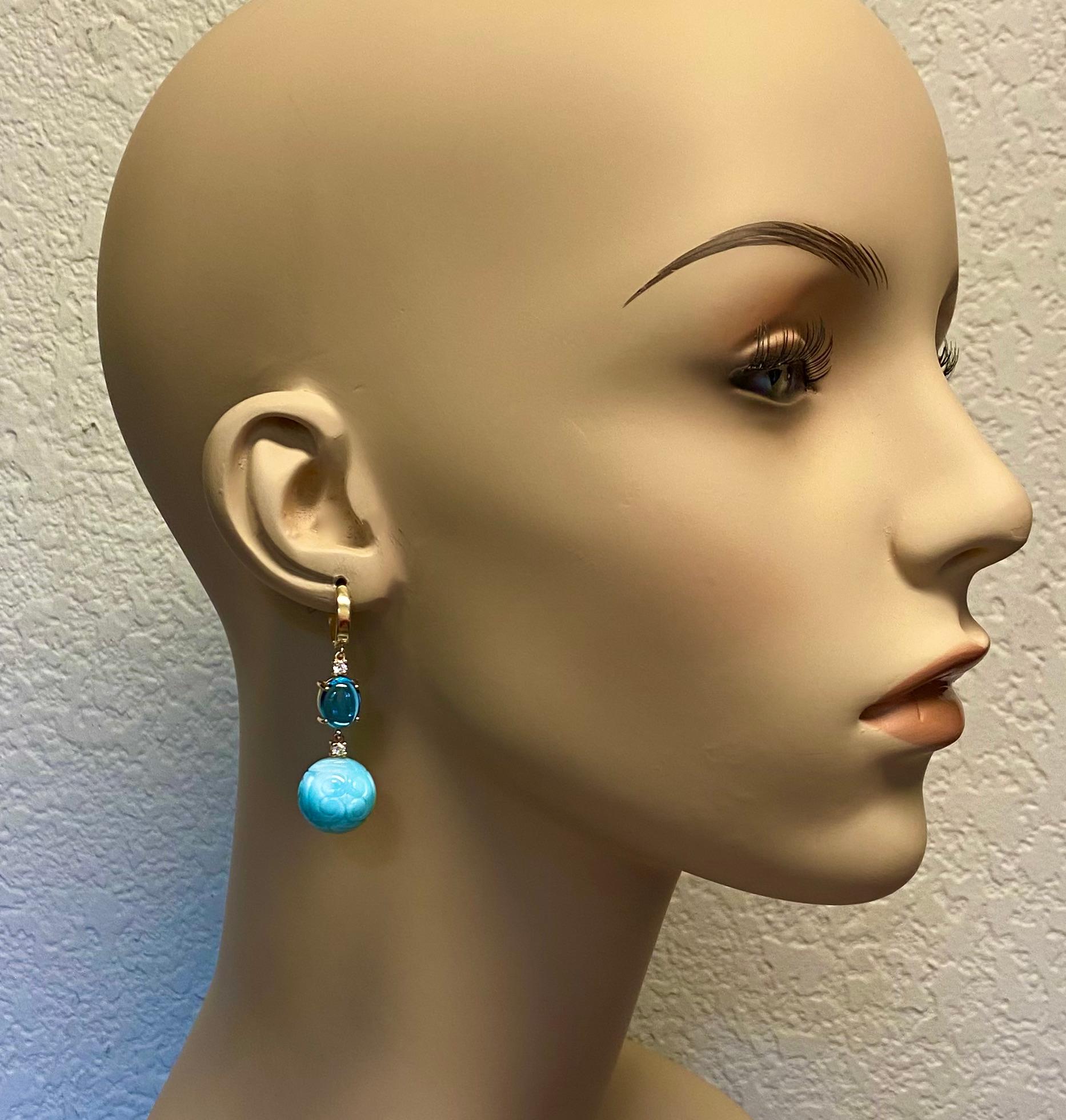 Michael Kneebone Carved Larimar Blue Topaz Diamond Dangle Earrings For Sale 2