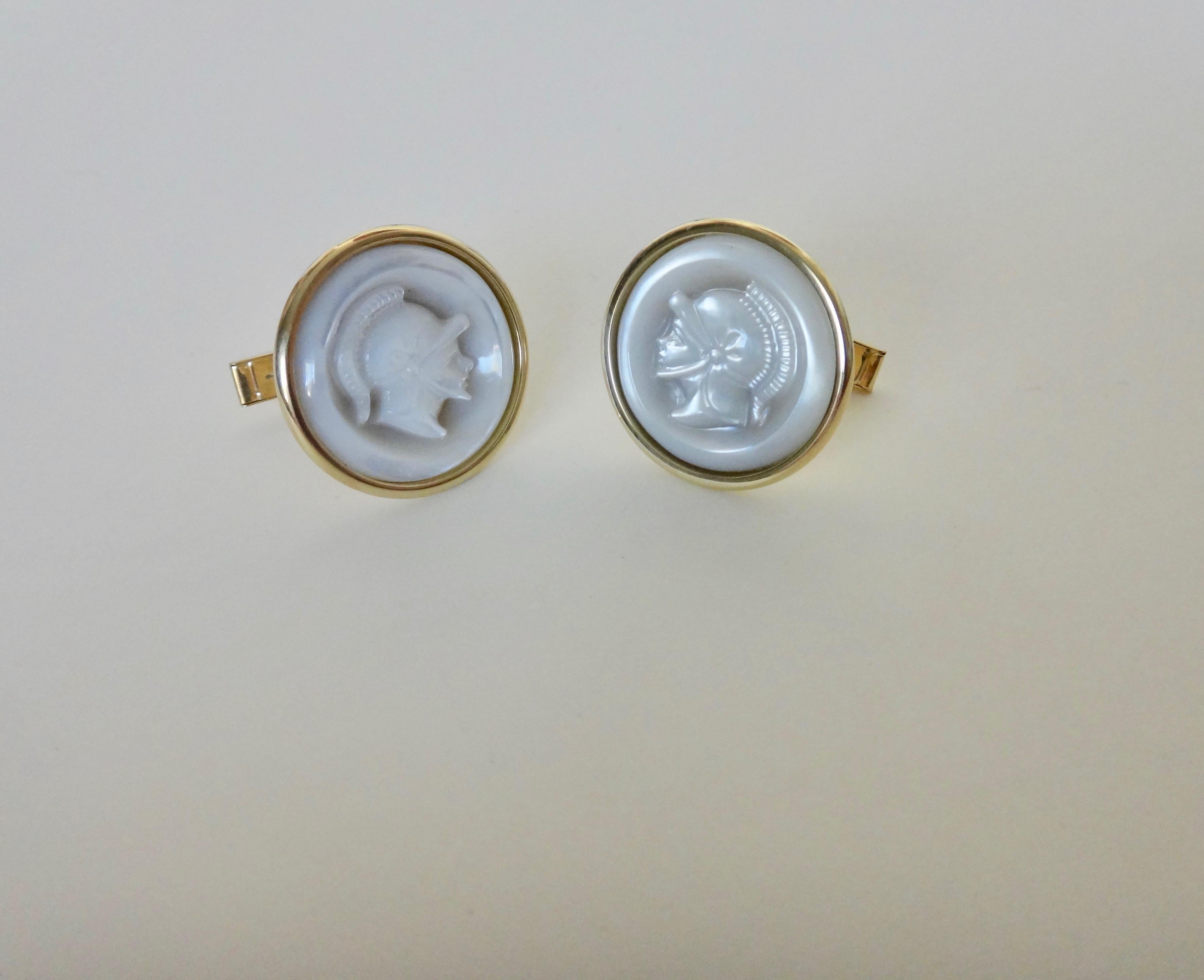 Michael Kneebone Carved Mother of Pearl Gladiator Cameo 18 Karat Gold Cufflinks In New Condition In Austin, TX