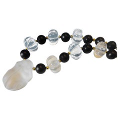 Michael Kneebone Carved Rock Crystal Matte Finished Black Onyx Frog Necklace