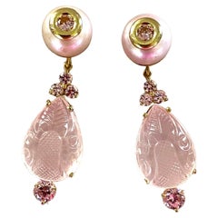 Michael Kneebone Carved Rose Quartz Pink Topaz Pink Pearl Dangle Earrings