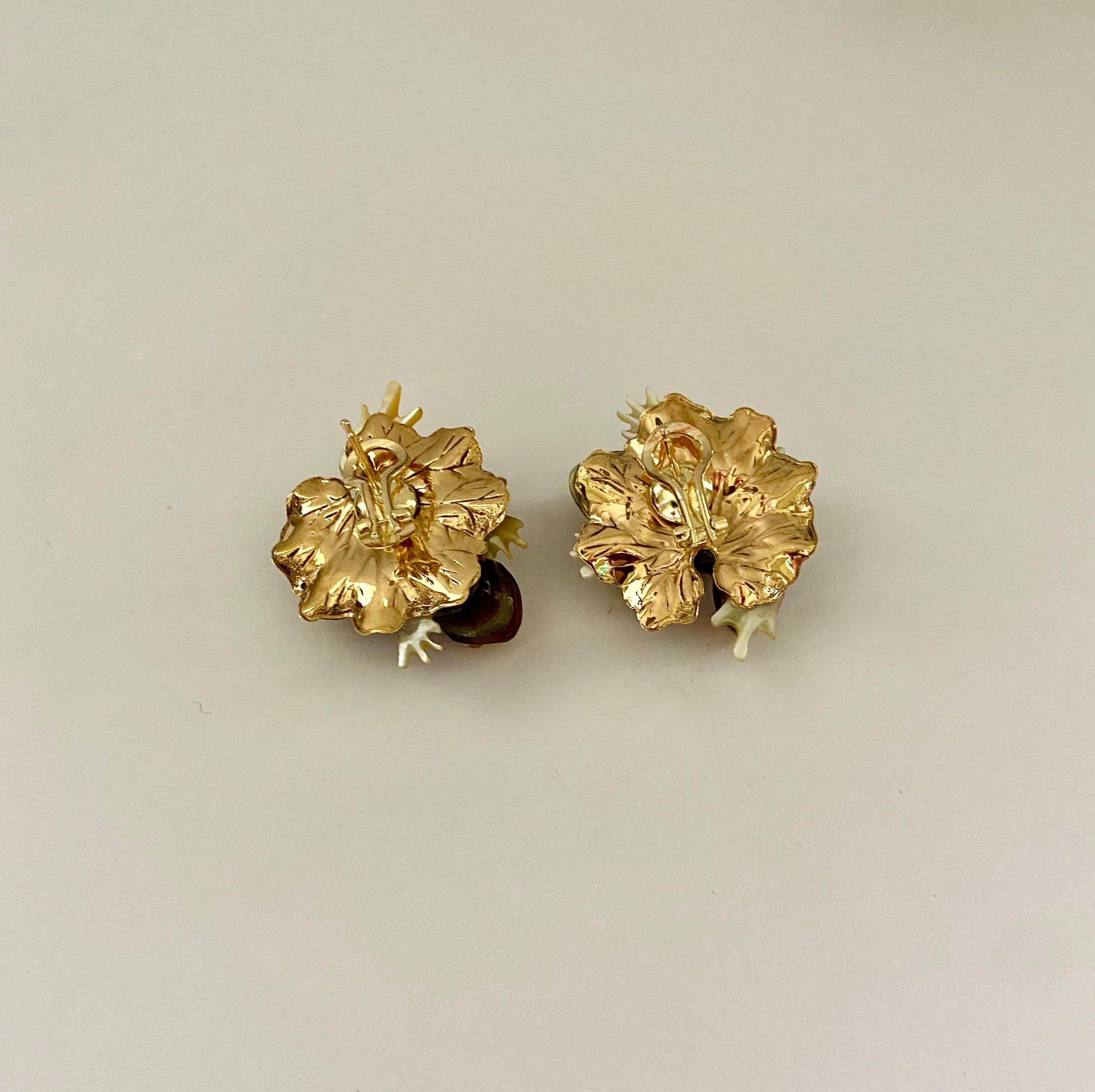Michael Kneebone Carved Shell Tree Frog Diamond Leaf Earrings For Sale 5