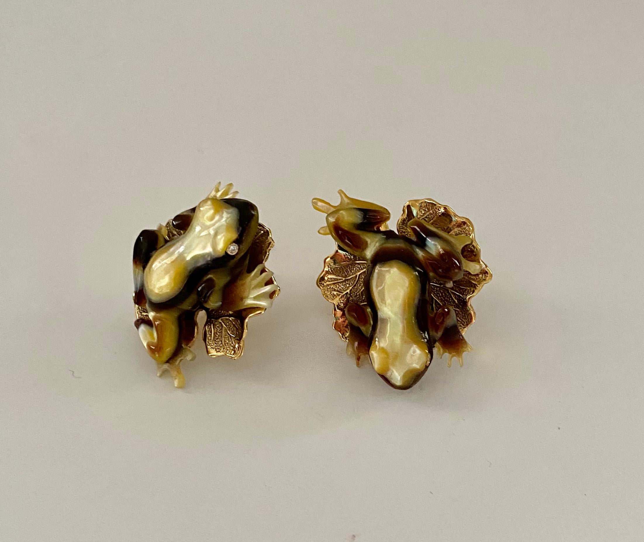 Contemporary Michael Kneebone Carved Shell Tree Frog Diamond Leaf Earrings For Sale