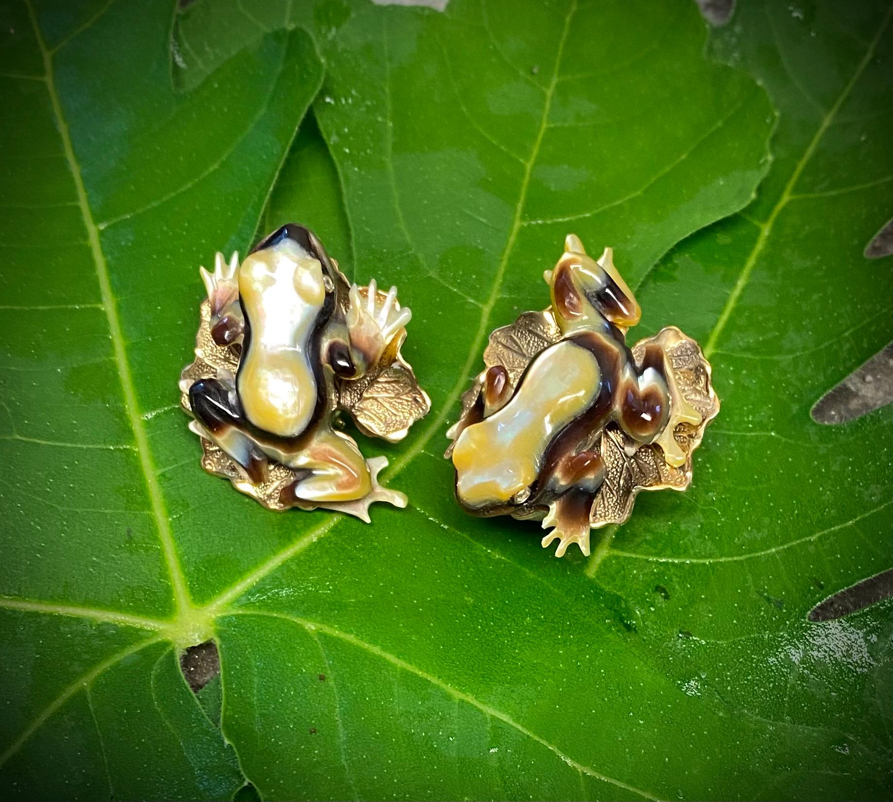 Michael Kneebone Carved Shell Tree Frog Diamond Leaf Earrings For Sale 1