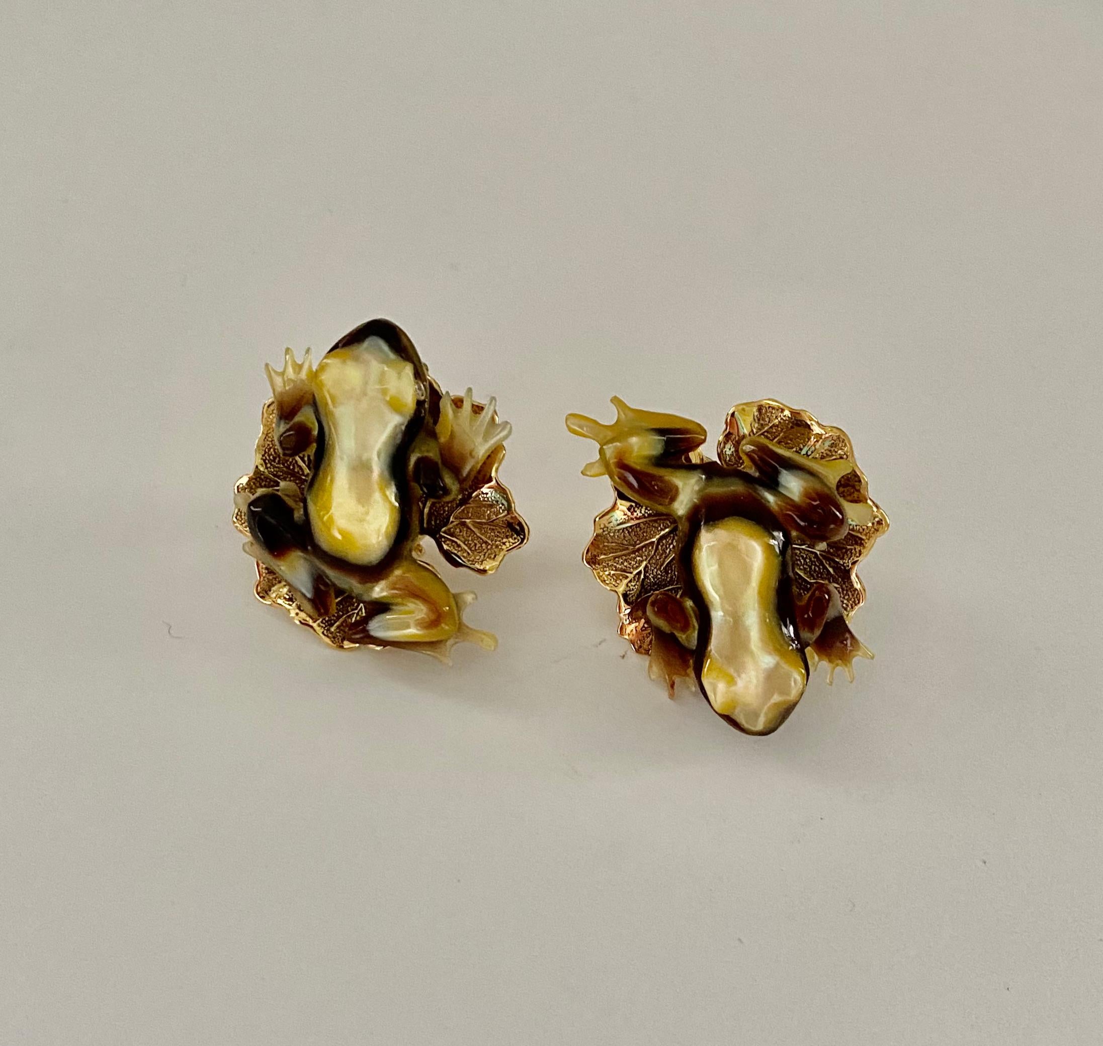 Michael Kneebone Carved Shell Tree Frog Diamond Leaf Earrings For Sale 3
