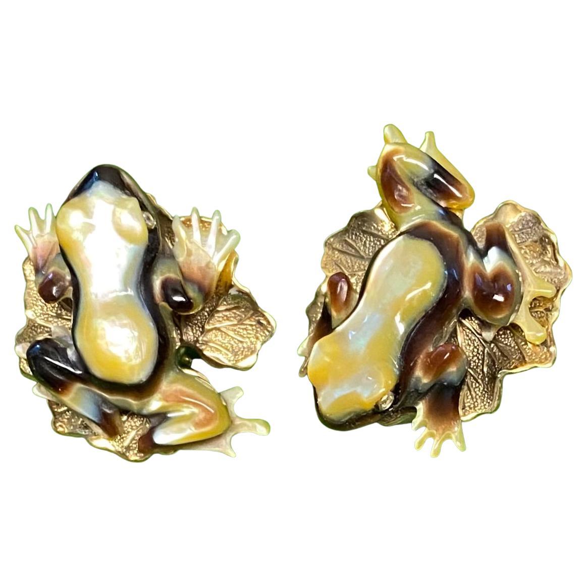 Michael Kneebone Carved Shell Tree Frog Diamond Leaf Earrings For Sale