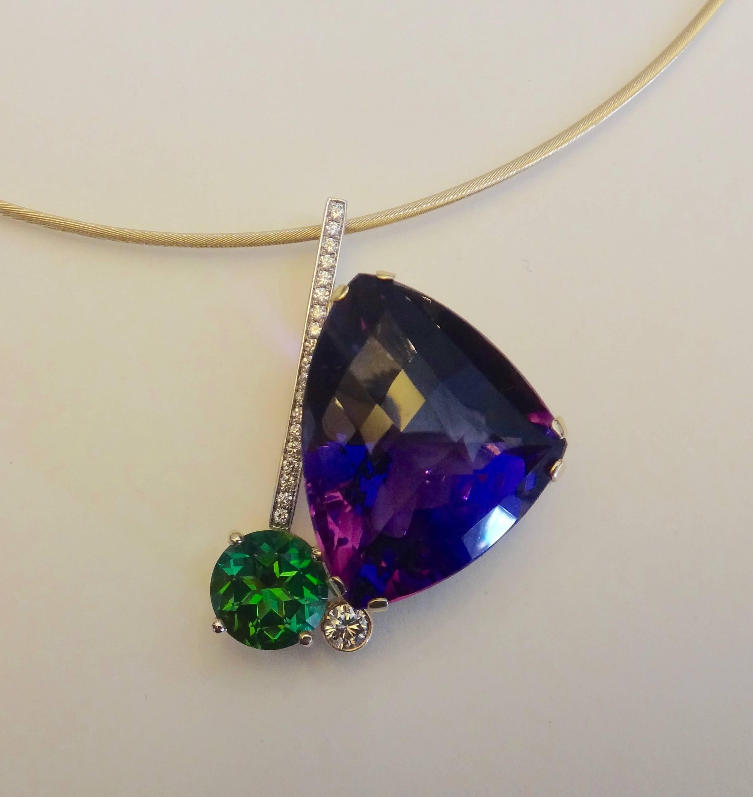 Michael Kneebone Checkerboard Cut Amethyst Green Topaz Diamond Pendant In Excellent Condition In Austin, TX