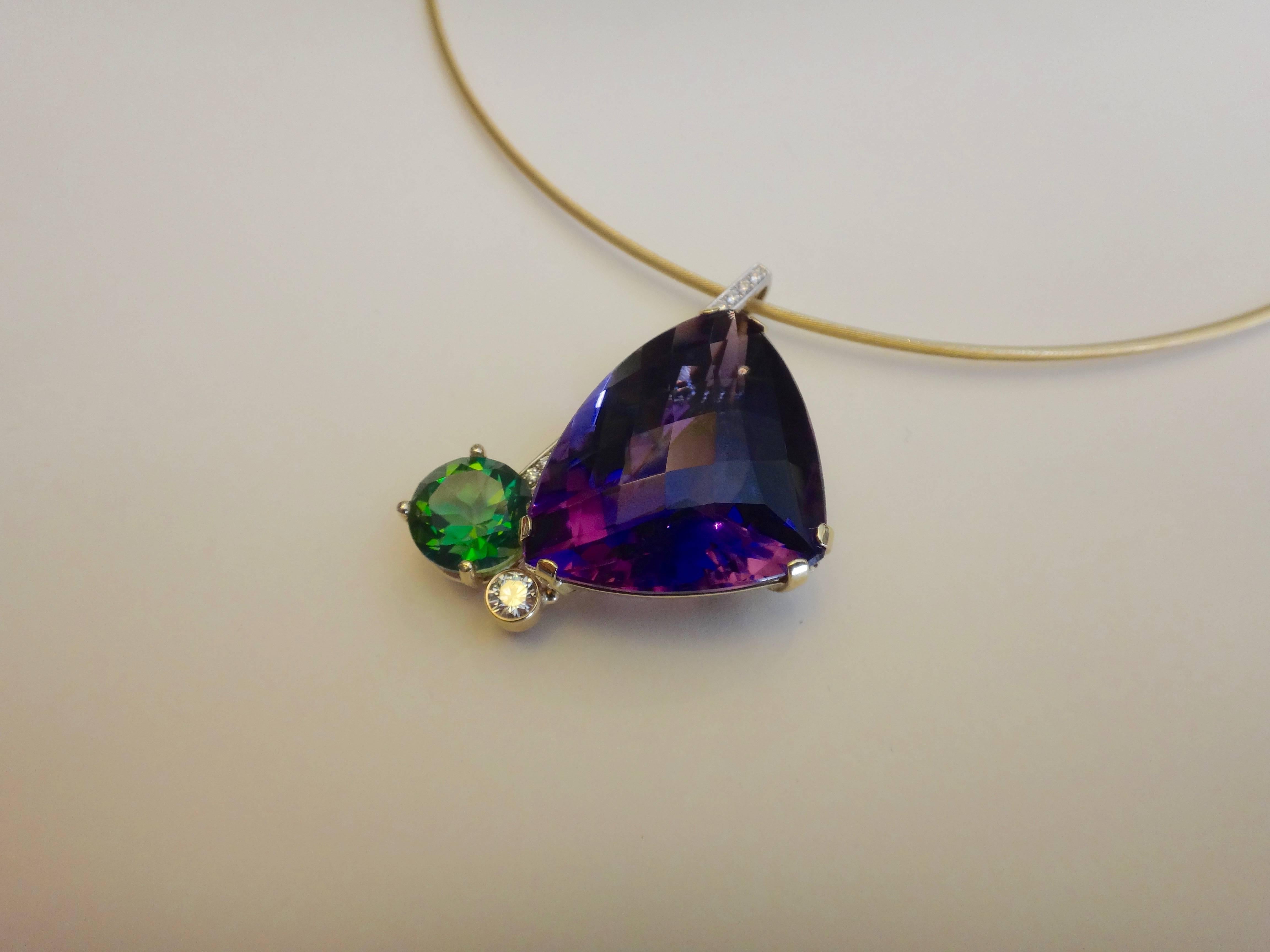 Women's or Men's Michael Kneebone Checkerboard Cut Amethyst Green Topaz Diamond Pendant