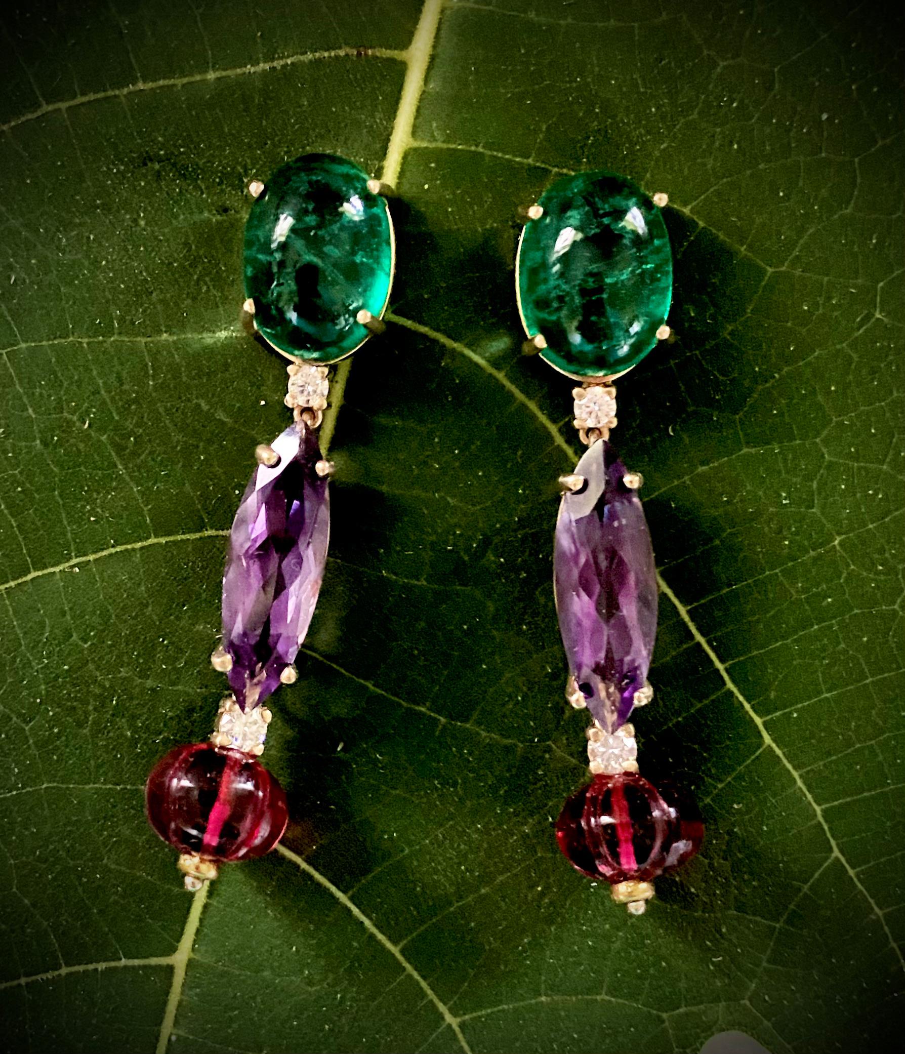 Contemporary Michael Kneebone Chrome Diopside Amethyst Diamond Pink Tourmaline Earrings For Sale