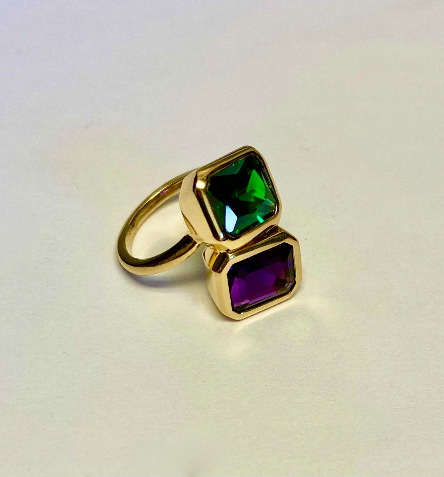 Chrome tourmaline is paired with a gem quality amethyst in this 