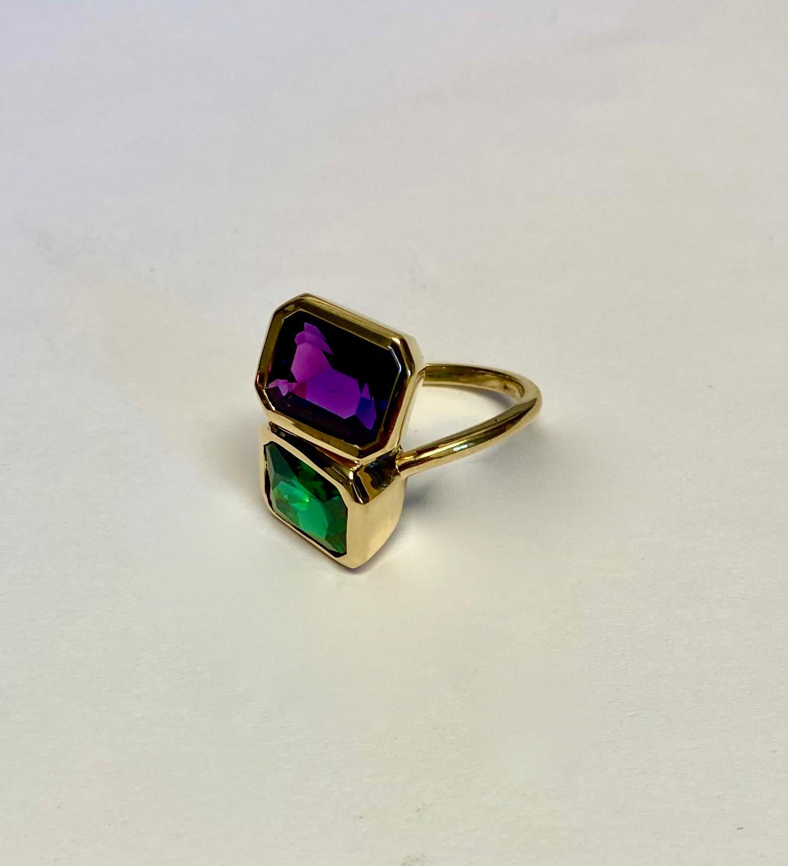 Michael Kneebone Chrome Tourmaline Gem Amethyst Due Pietra Two Stone Ring In New Condition For Sale In Austin, TX