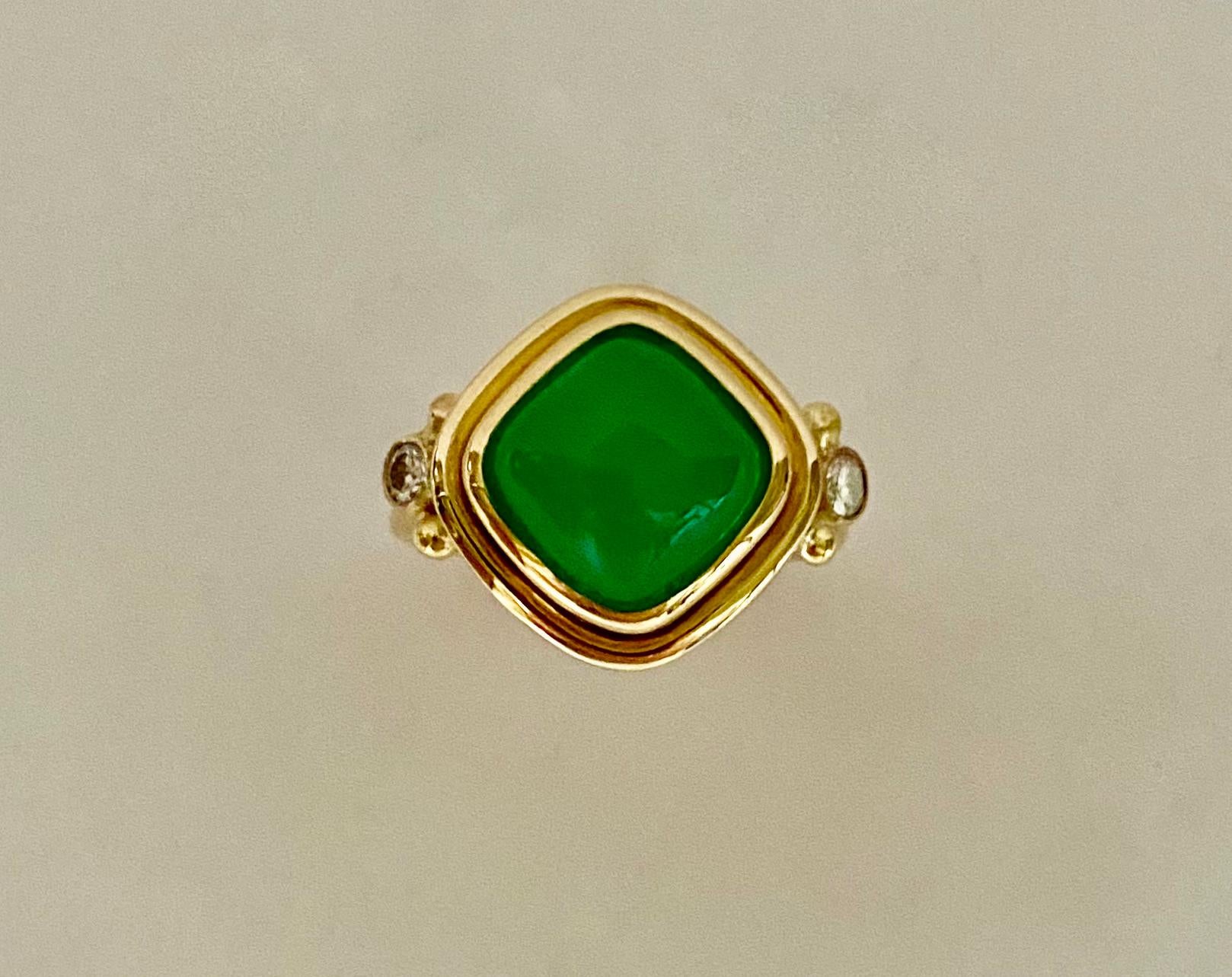 Michael Kneebone Chrysoprase Diamond Archaic Style Ring In New Condition For Sale In Austin, TX
