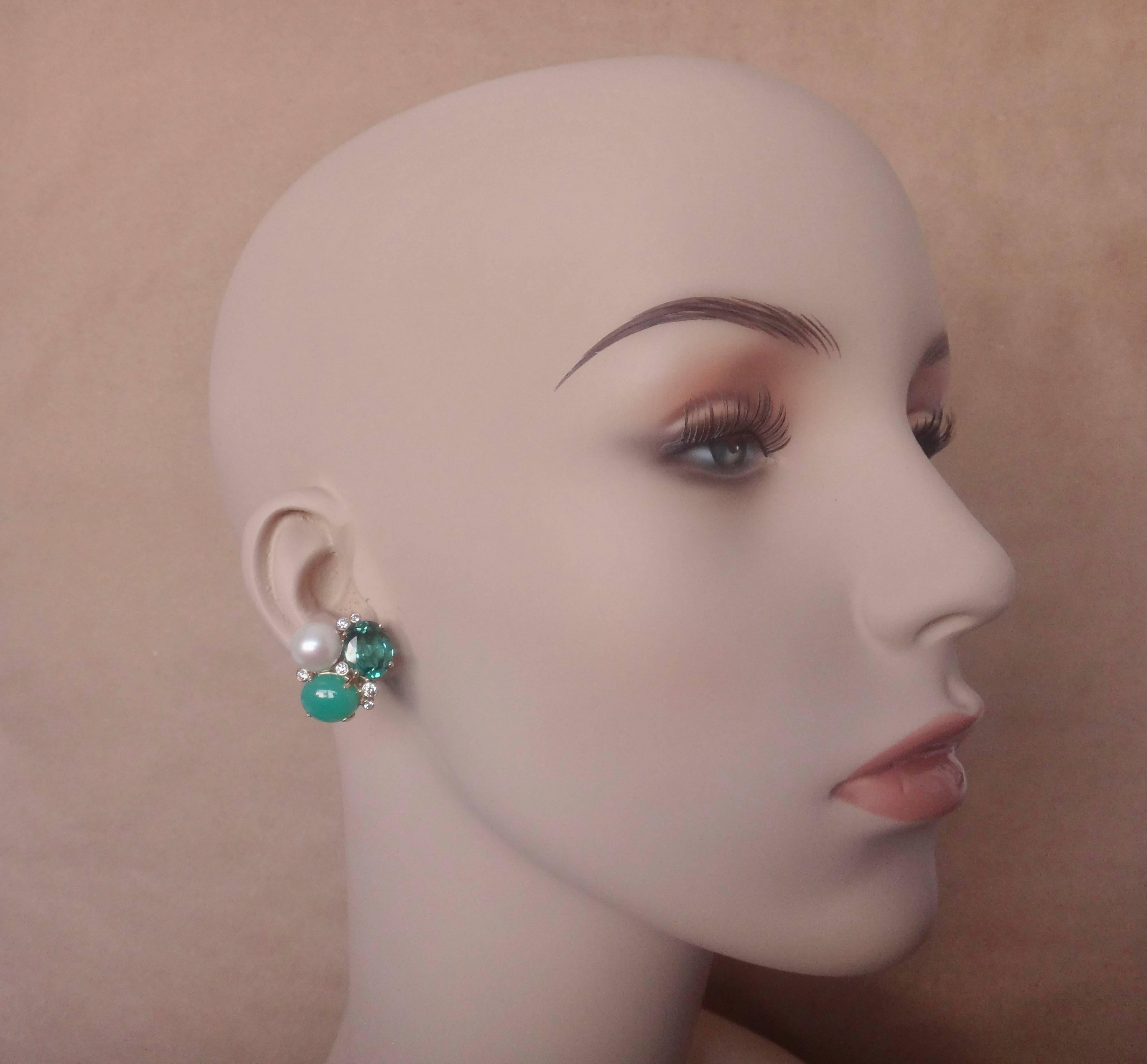 Michael Kneebone Chrysoprase Green Topaz Diamond South Seas Pearl Earrings 1