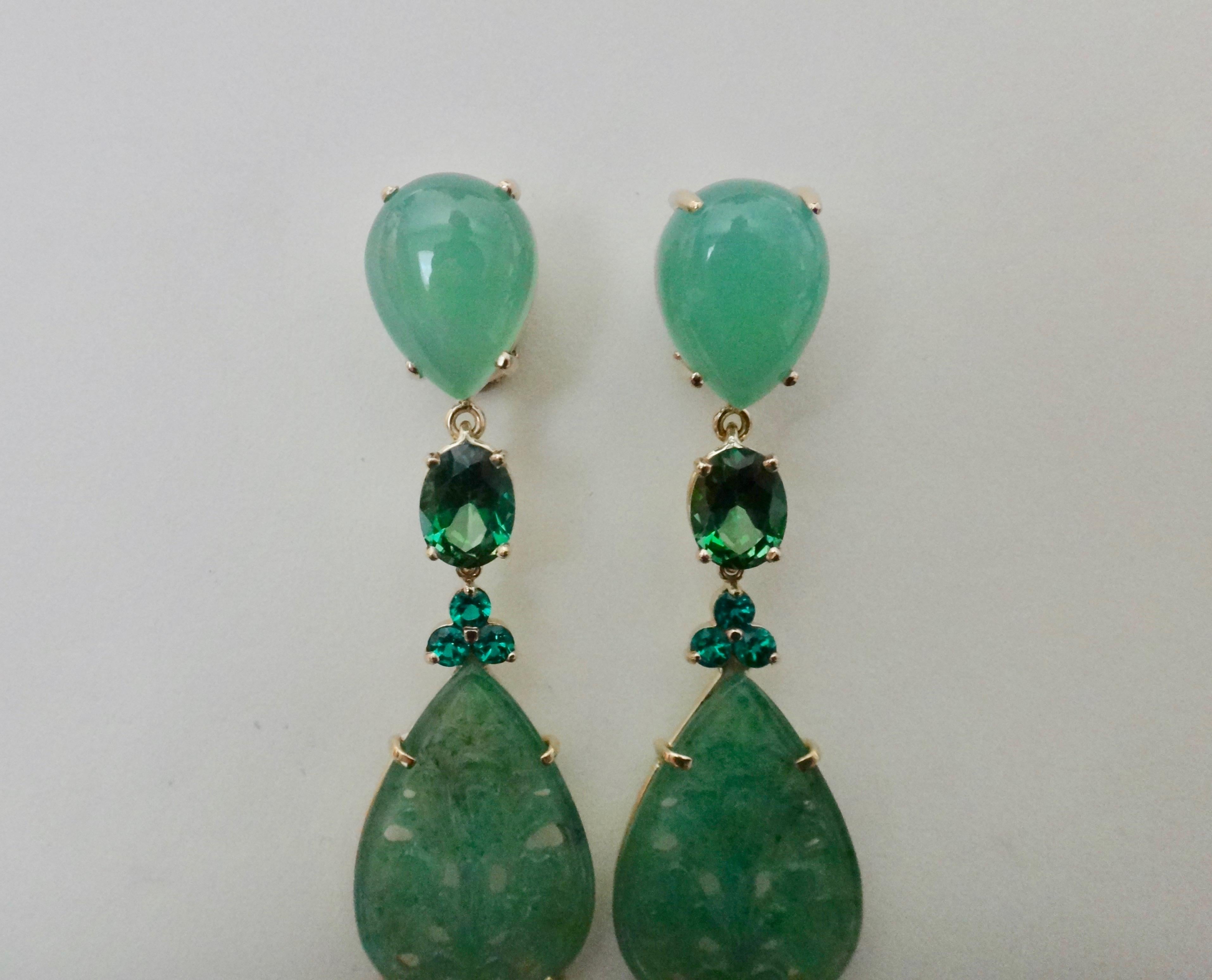 Michael Kneebone Chrysoprase Green Topaz Diopside Jadeite Dangle Earrings In New Condition In Austin, TX