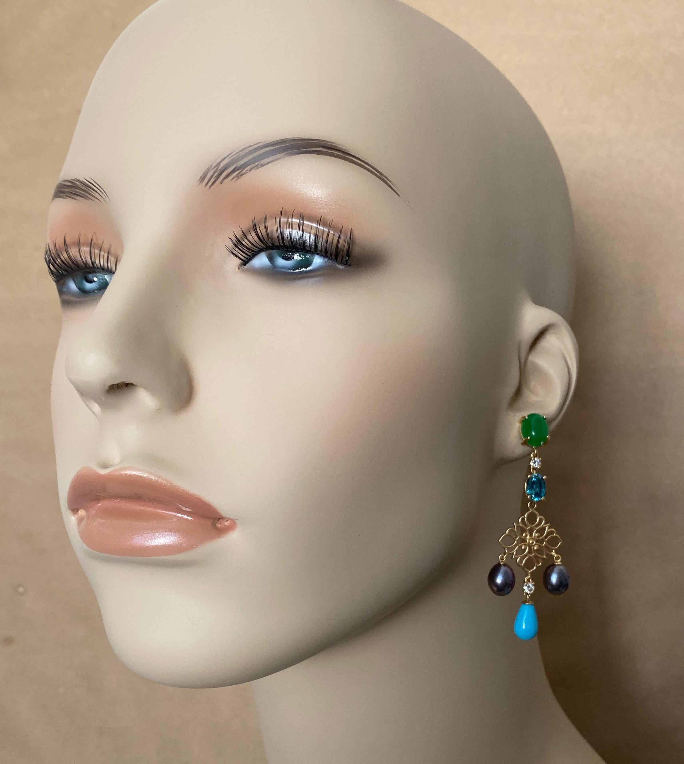 Michael Kneebone Chrysoprase Zircon Diamond Pearl Turquoise Dangle Earrings 5