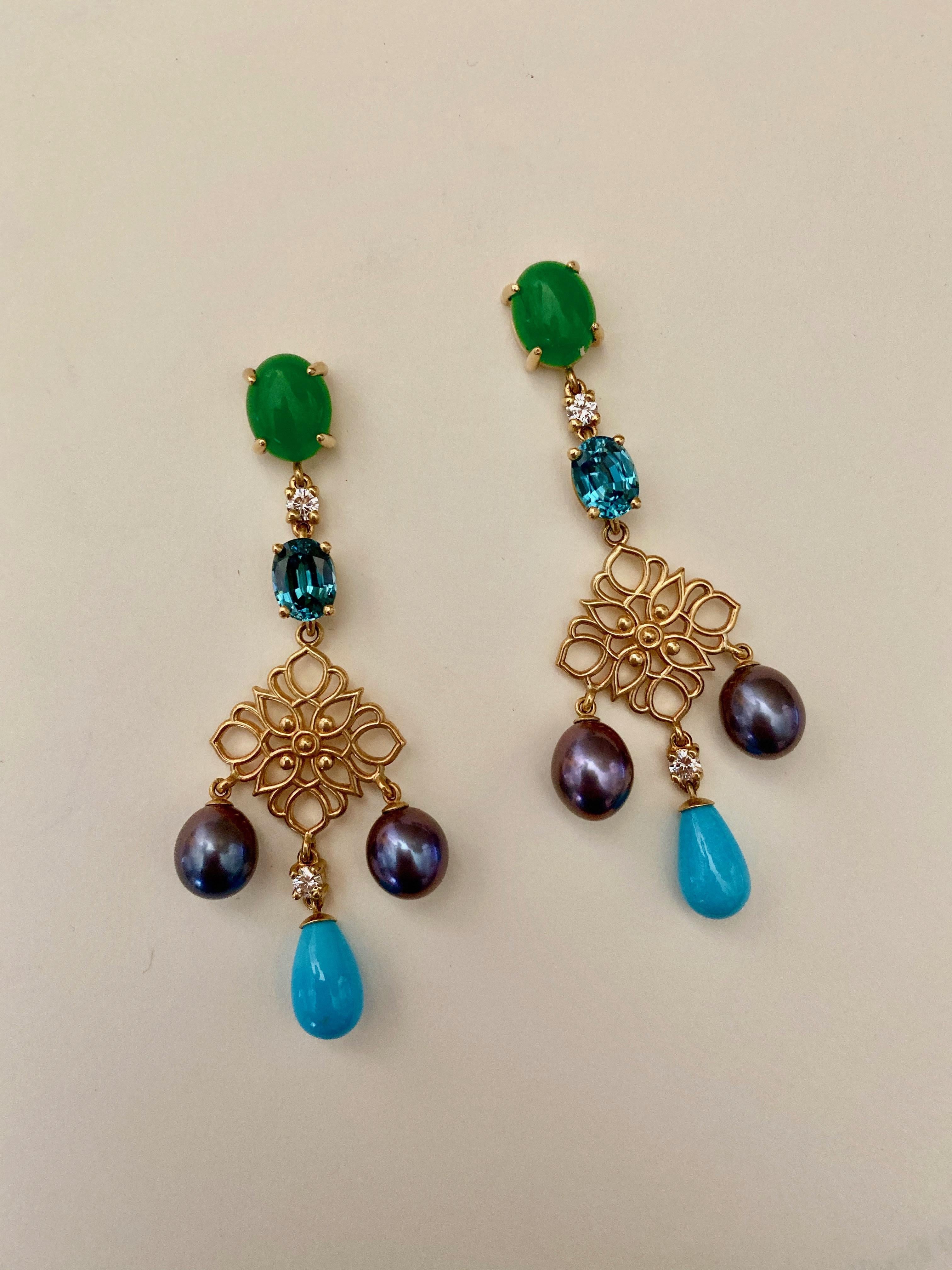Contemporary Michael Kneebone Chrysoprase Zircon Diamond Pearl Turquoise Dangle Earrings